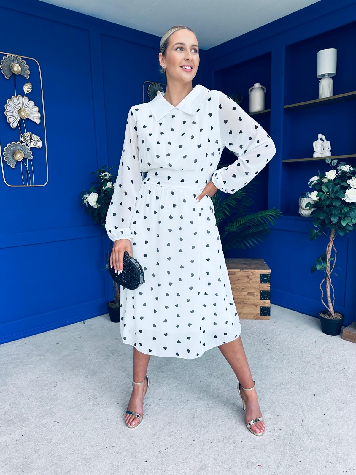 Doireann Detailed Midi Dress Polka Heart Black White