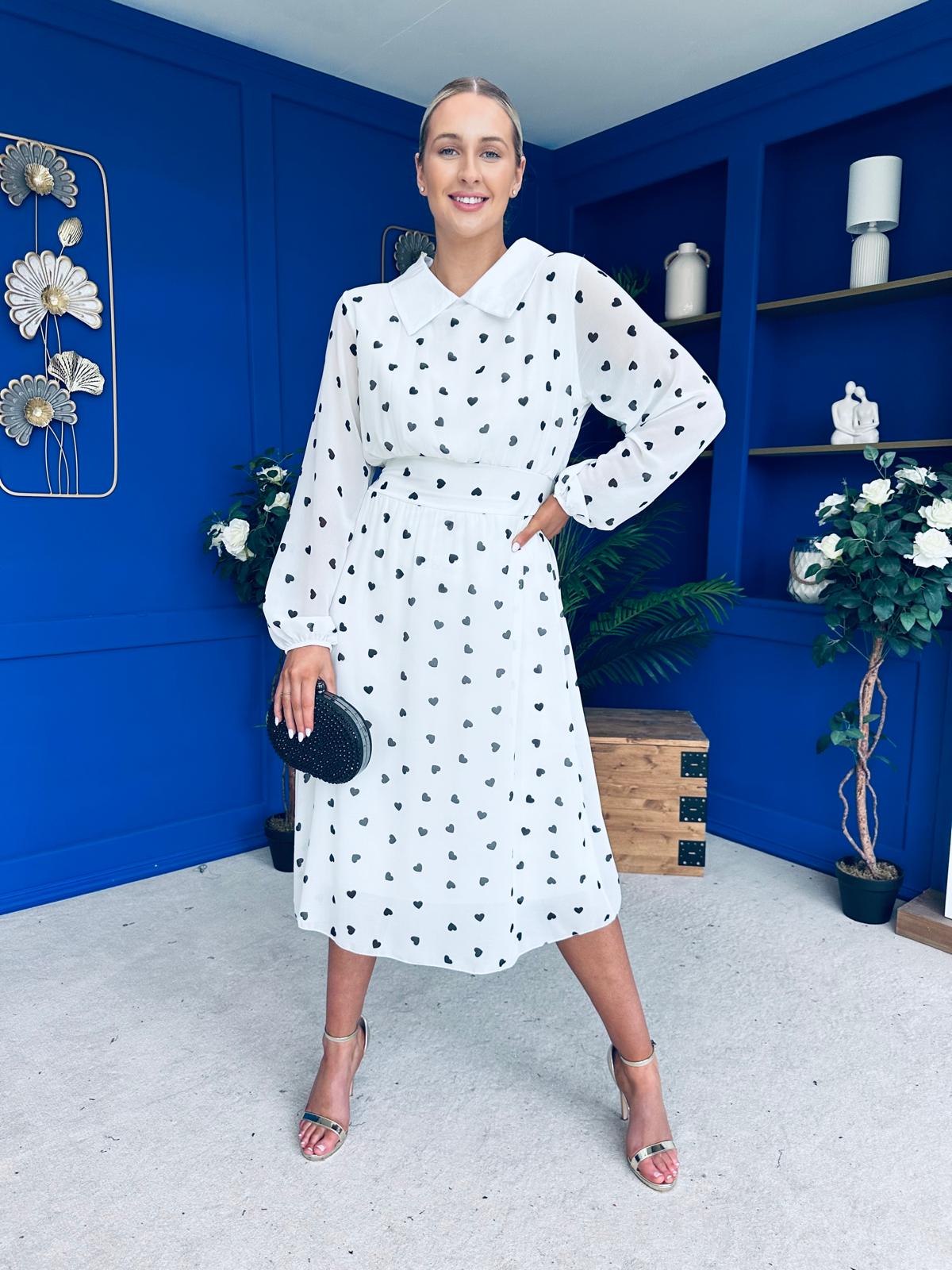 Doireann Detailed Midi Dress Polka Heart Black White