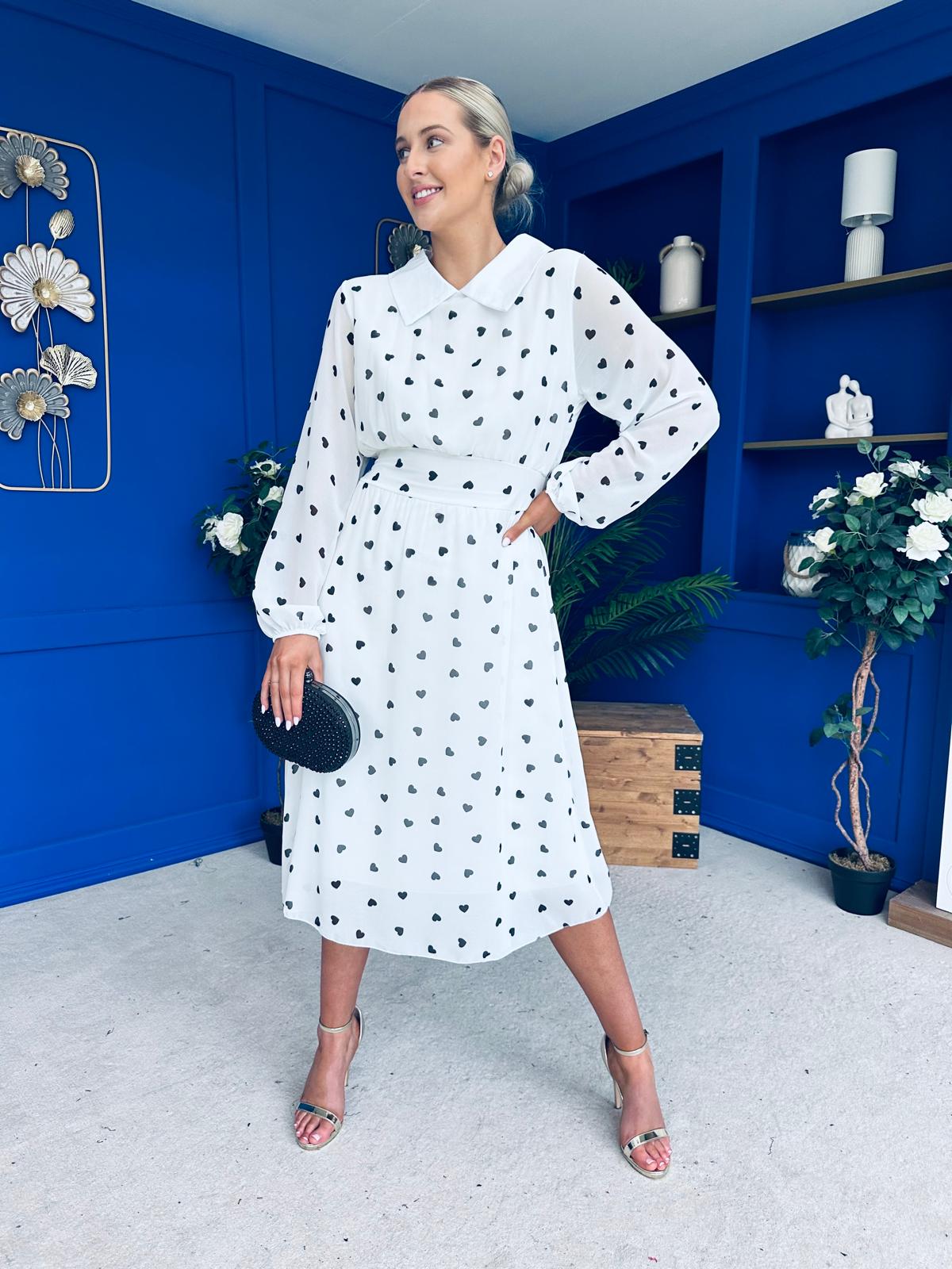 Doireann Detailed Midi Dress Polka Heart Black White