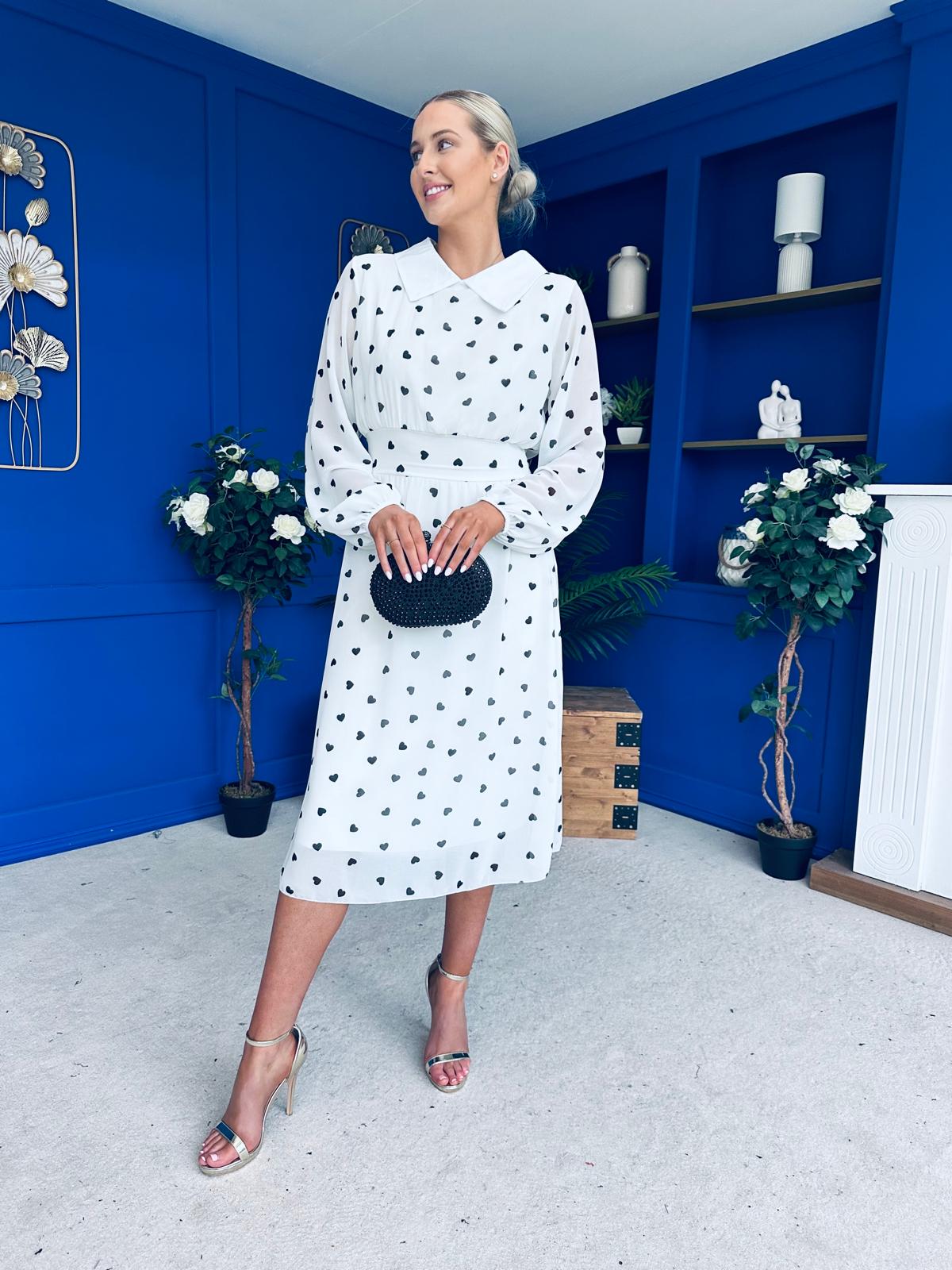 Doireann Detailed Midi Dress Polka Heart Black White