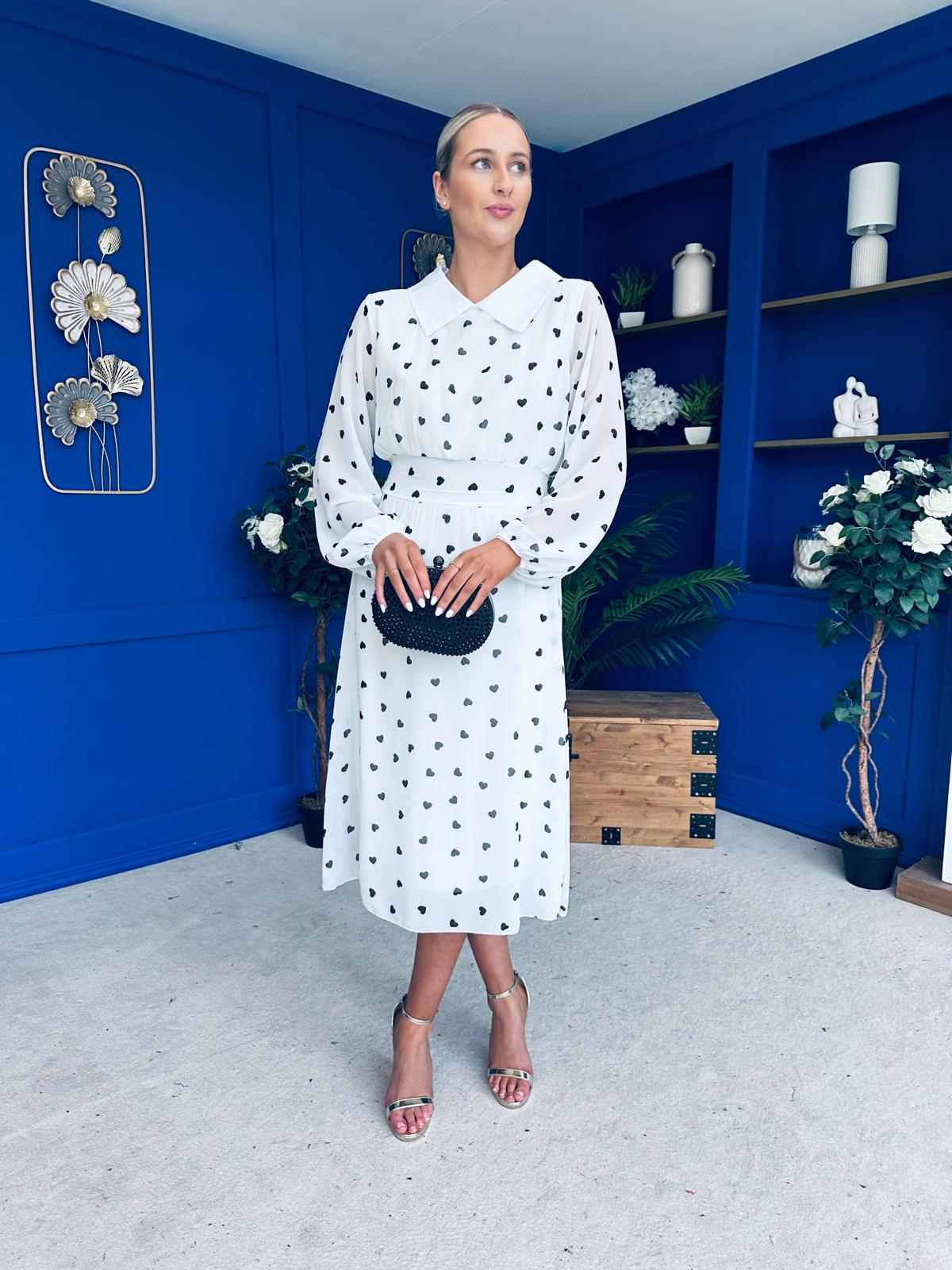 Doireann Detailed Midi Dress Polka Heart Black White