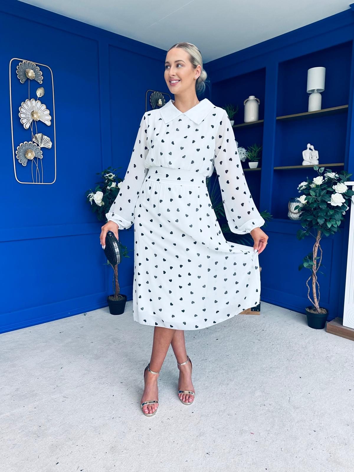 Doireann Detailed Midi Dress Polka Heart Black White