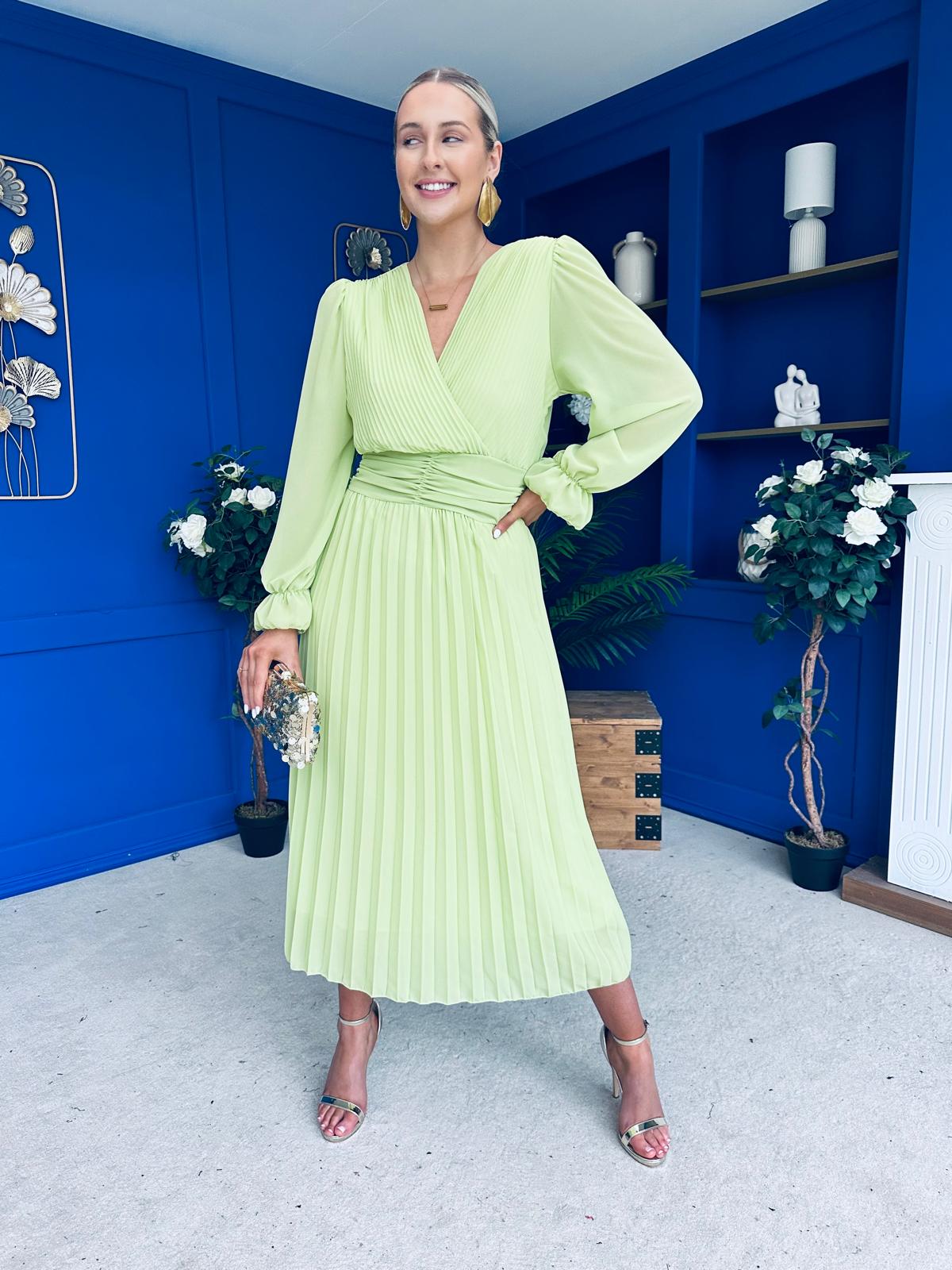 lime green midi dress with sleeves Women's Prosperina Lana Lime Green Cotton Button-Front Midi Dress | Size: L