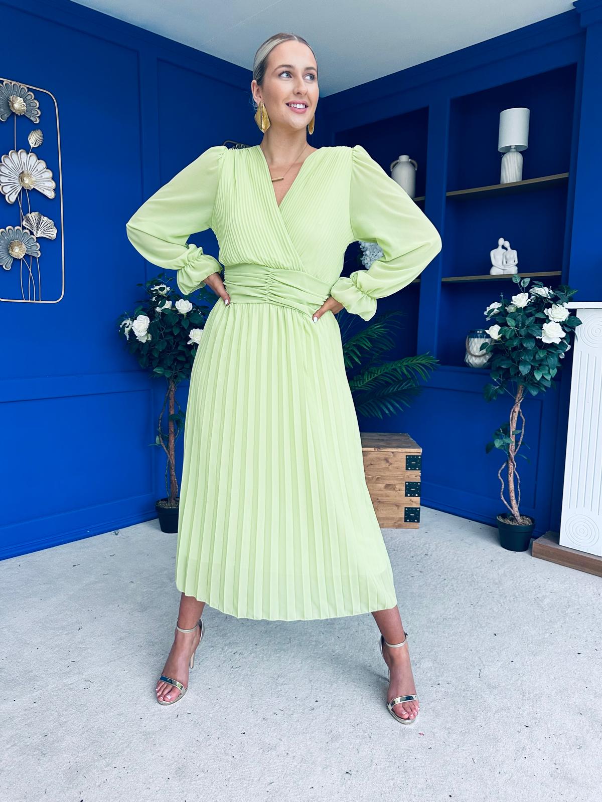 lime green midi dress with sleeves Flare Sleeve Frill Edge Midi Dress - Lime Green
