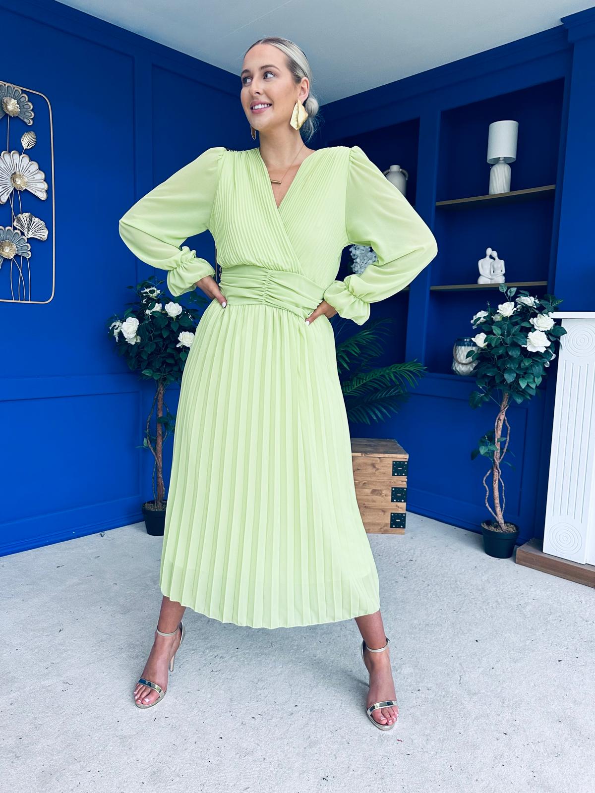 Clodagh Pleat Detailed Midi Dress Lime