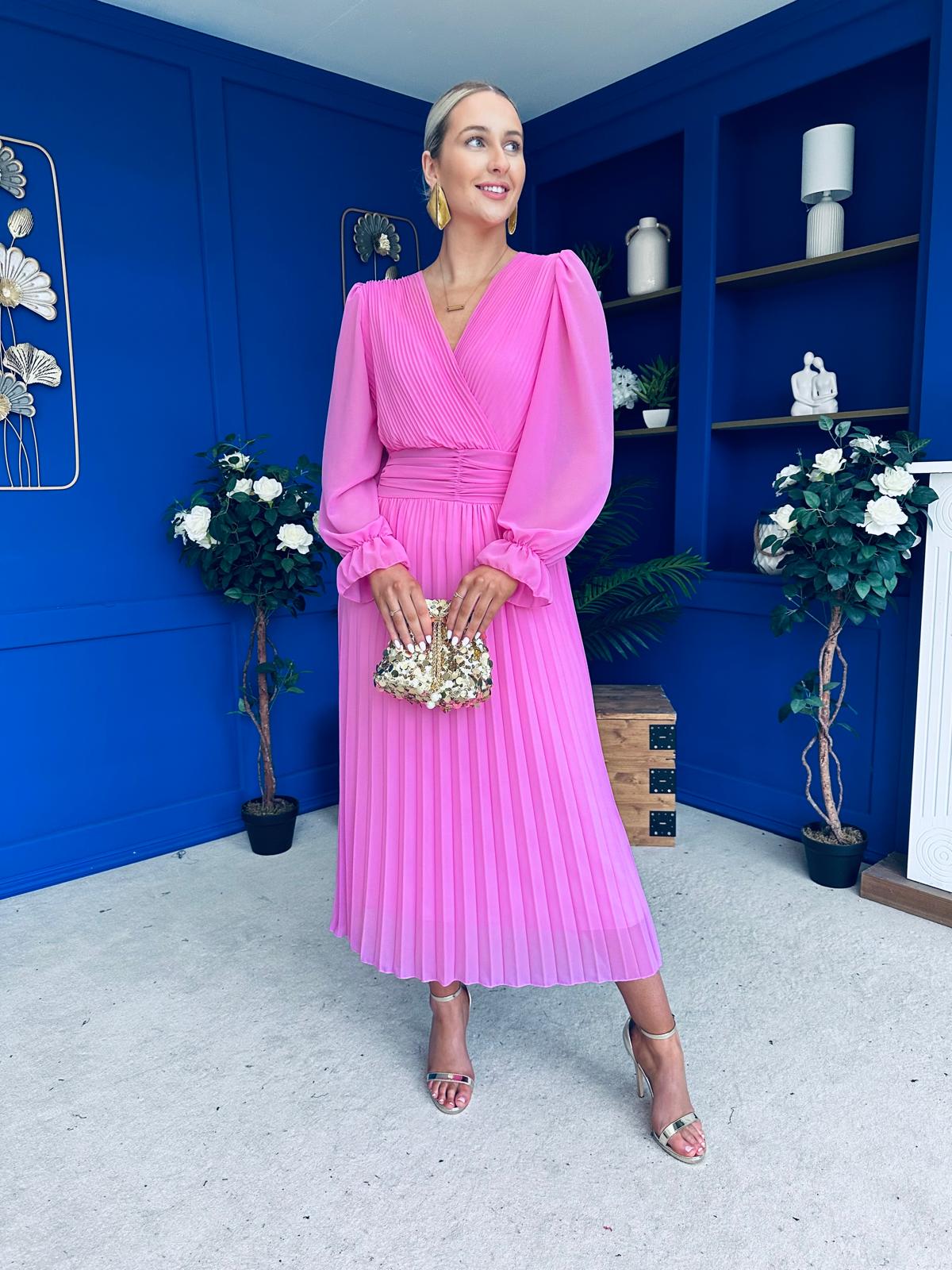 Clodagh Pleat Detailed Midi Dress Cerise