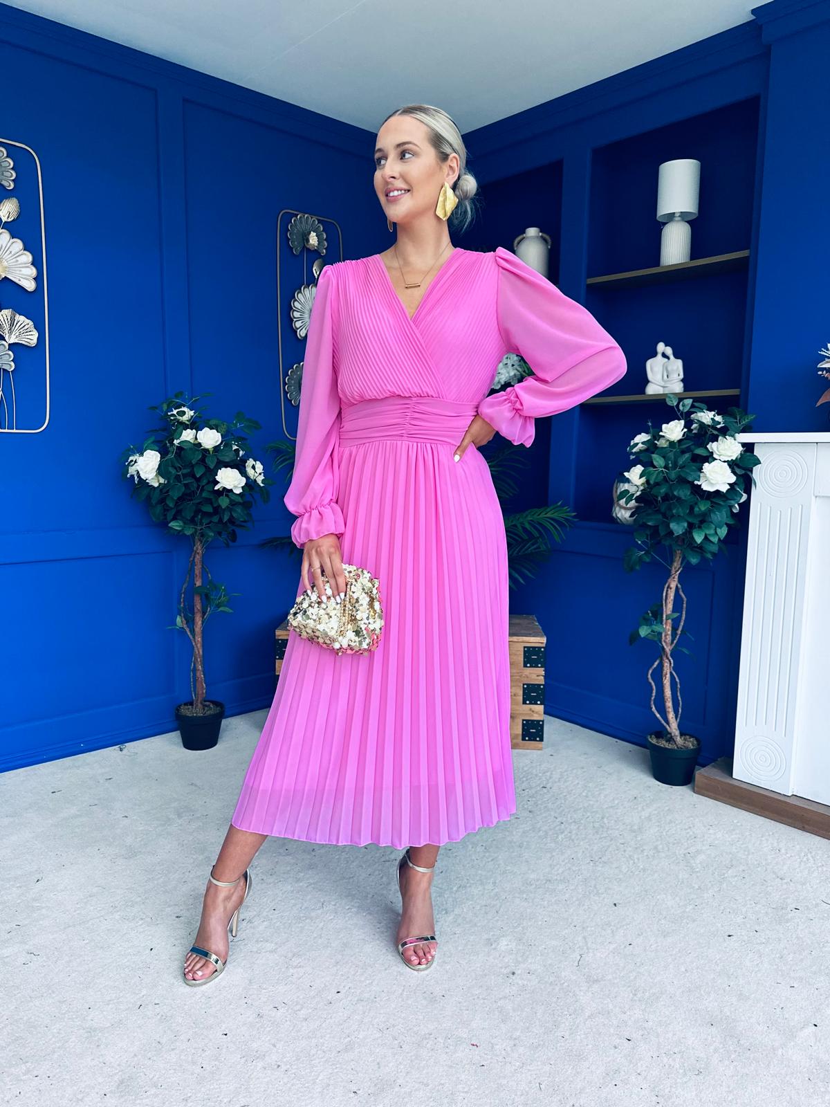 Clodagh Pleat Detailed Midi Dress Cerise