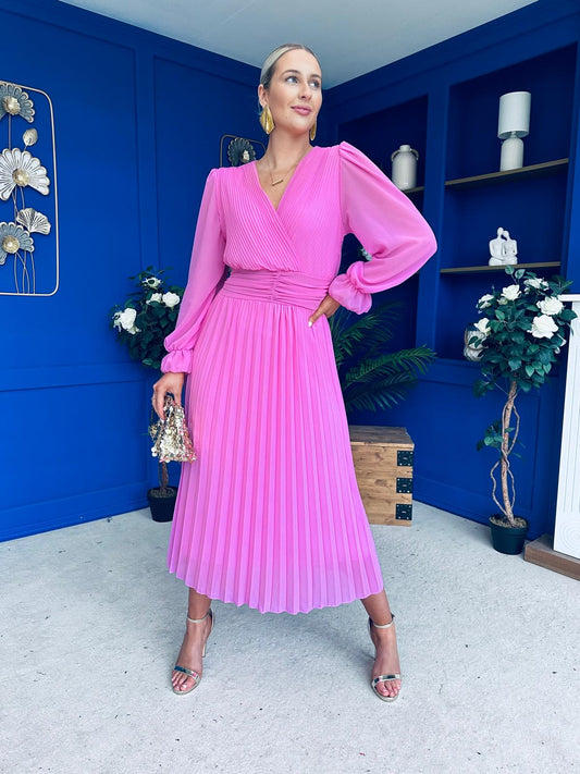 Clodagh Pleat Detailed Midi Dress Cerise