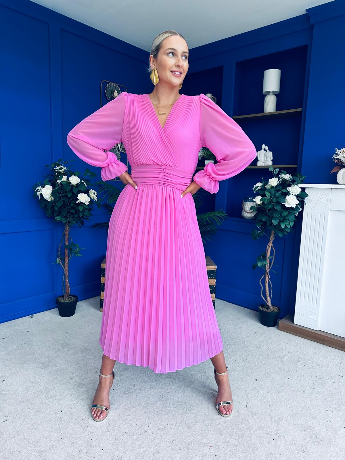 Clodagh Pleat Detailed Midi Dress Cerise