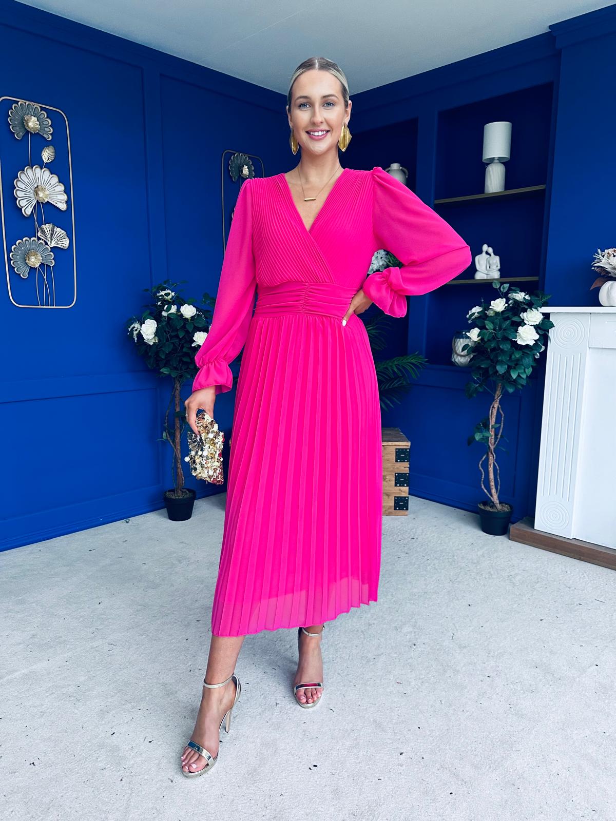 Clodagh Pleat Detailed Midi Dress Fuchsia