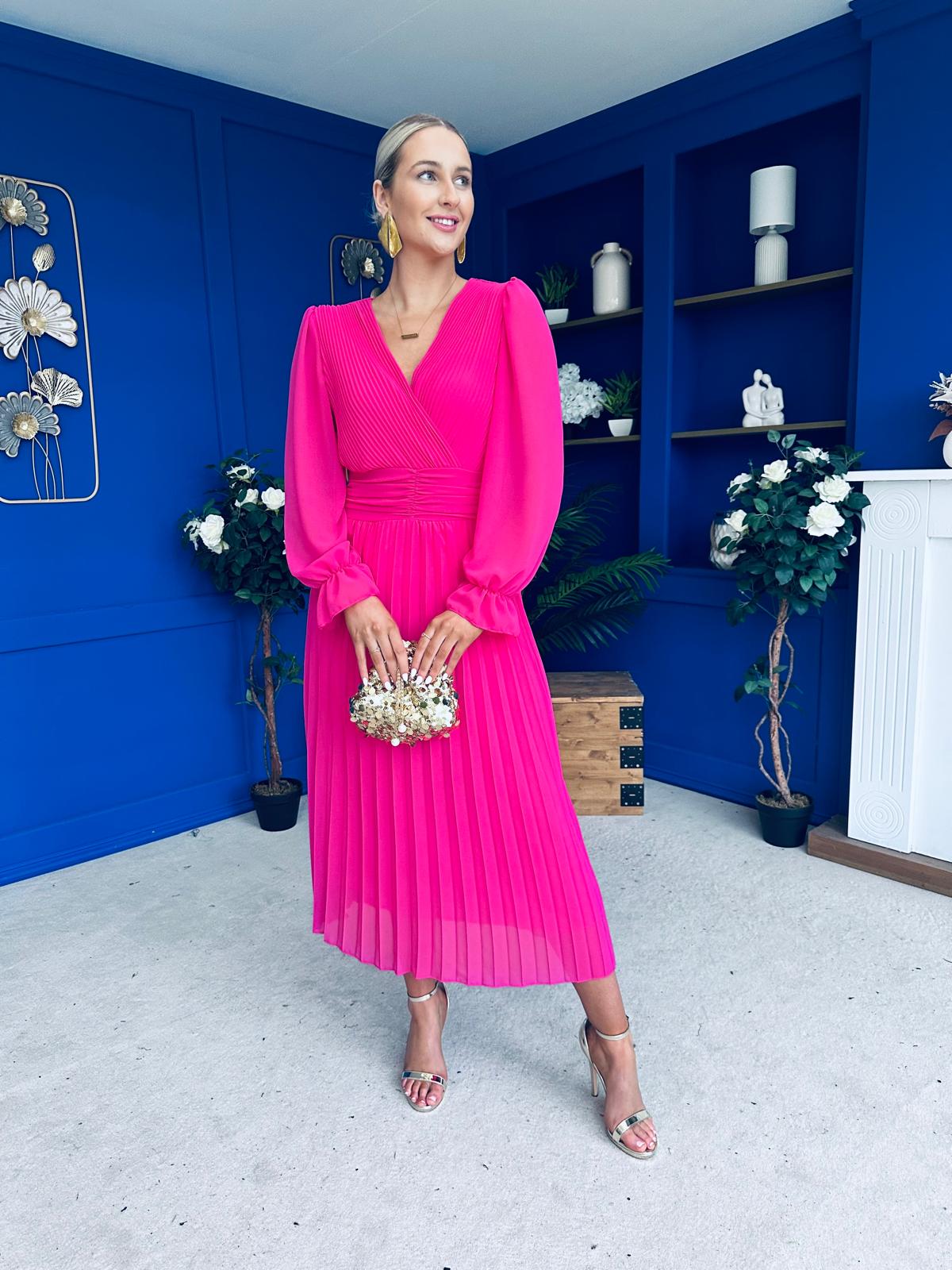 Clodagh Pleat Detailed Midi Dress Fuchsia