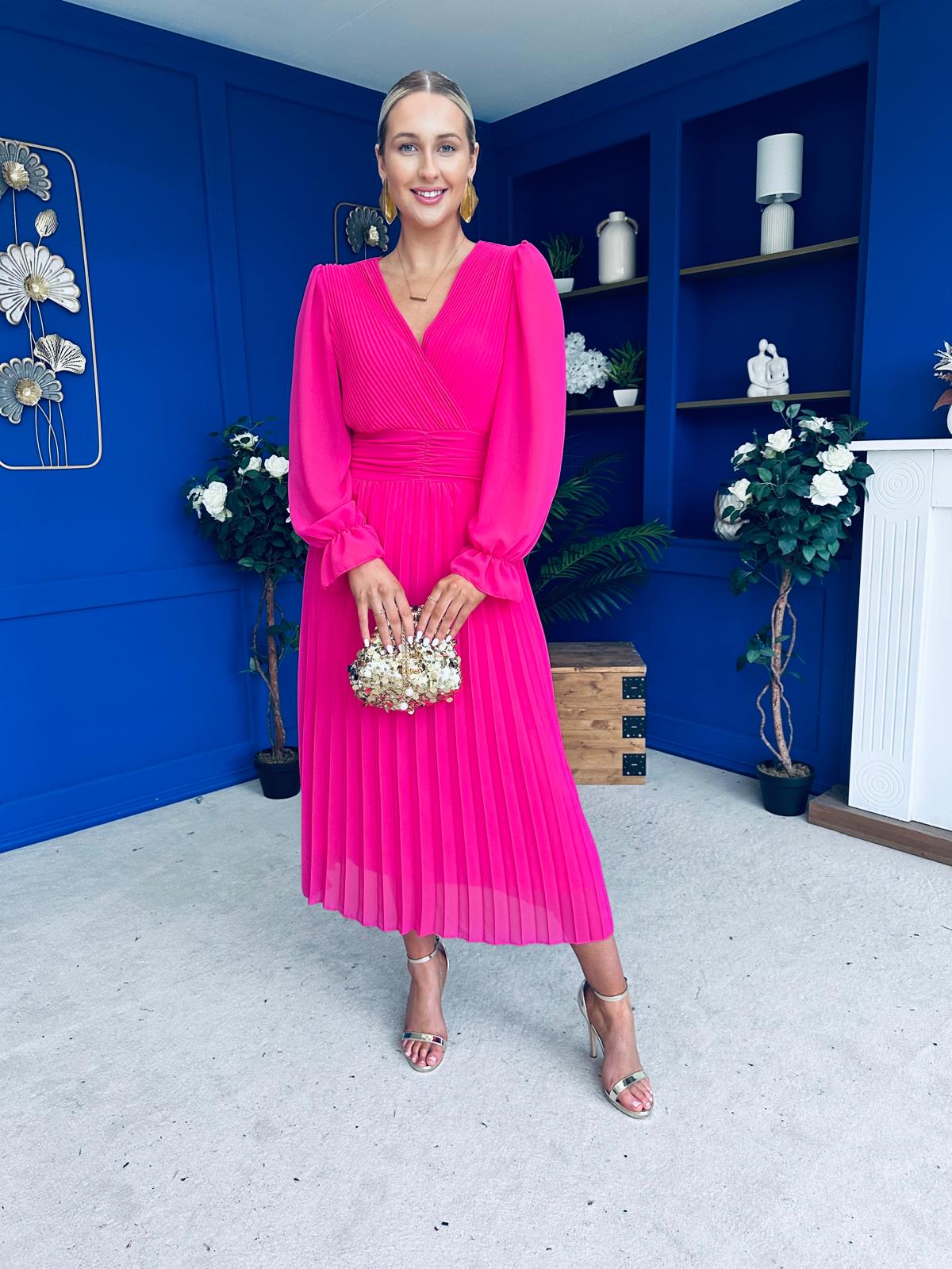 Clodagh Pleat Detailed Midi Dress Fuchsia