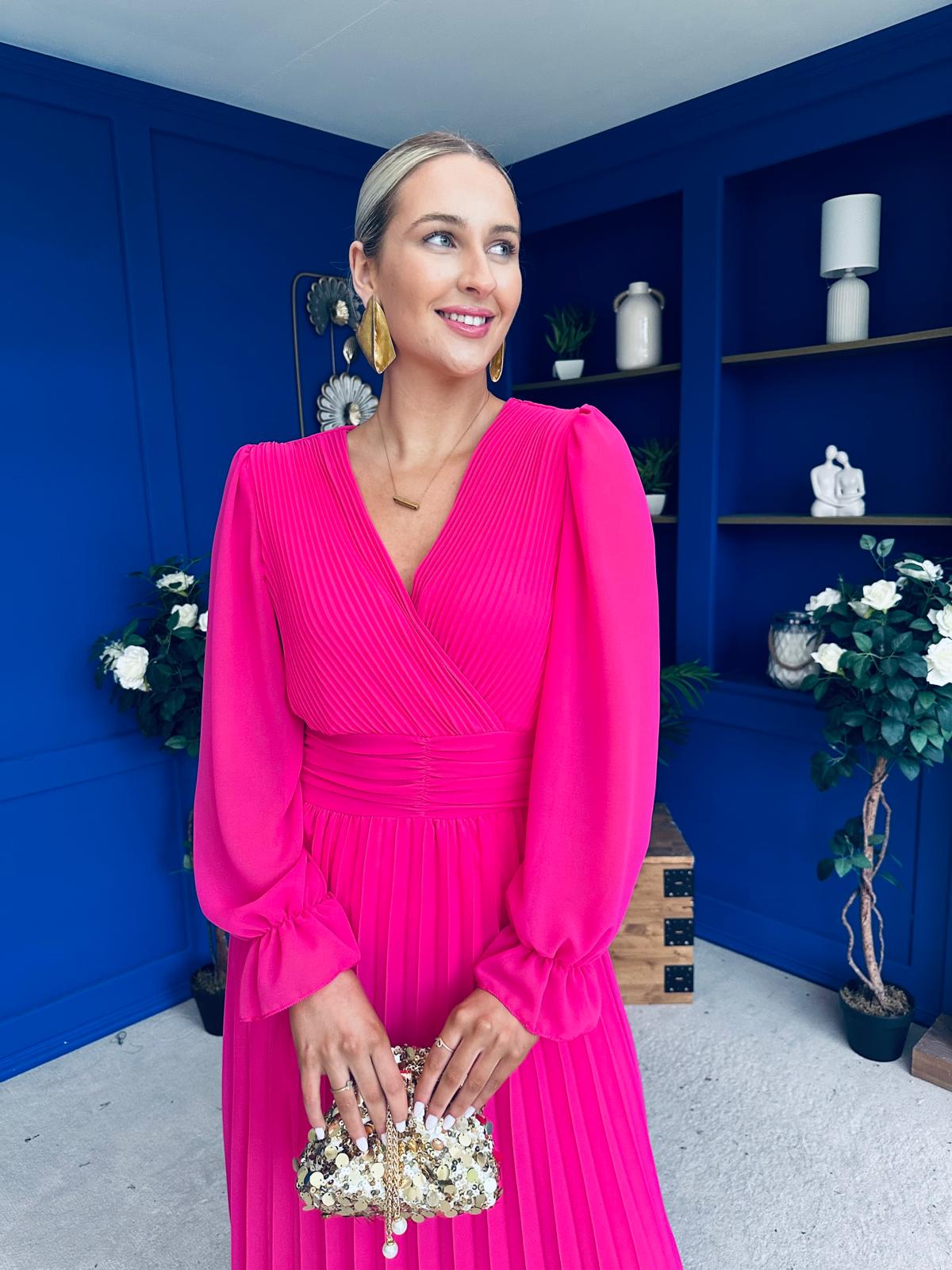 Clodagh Pleat Detailed Midi Dress Fuchsia