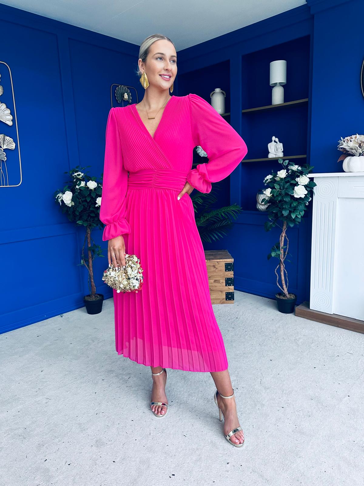 Clodagh Pleat Detailed Midi Dress Fuchsia