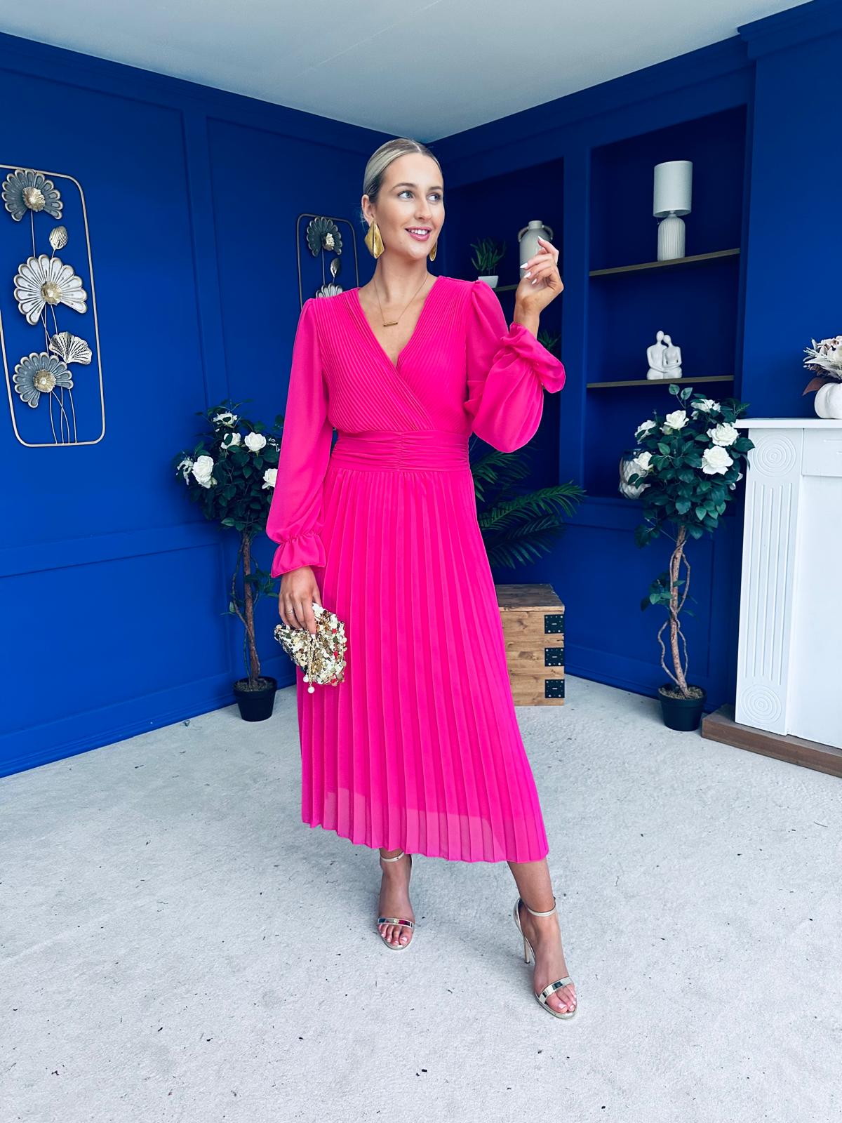 Clodagh Pleat Detailed Midi Dress Fuchsia