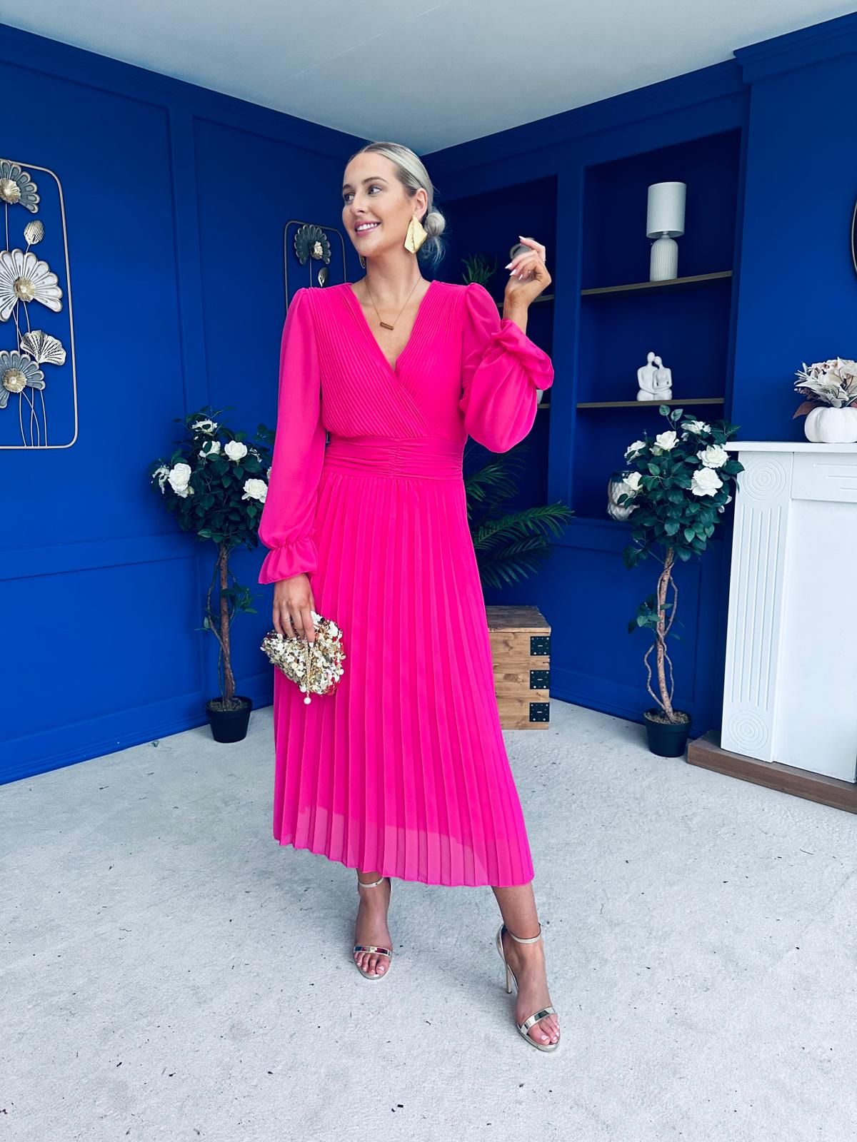 Clodagh Pleat Detailed Midi Dress Fuchsia