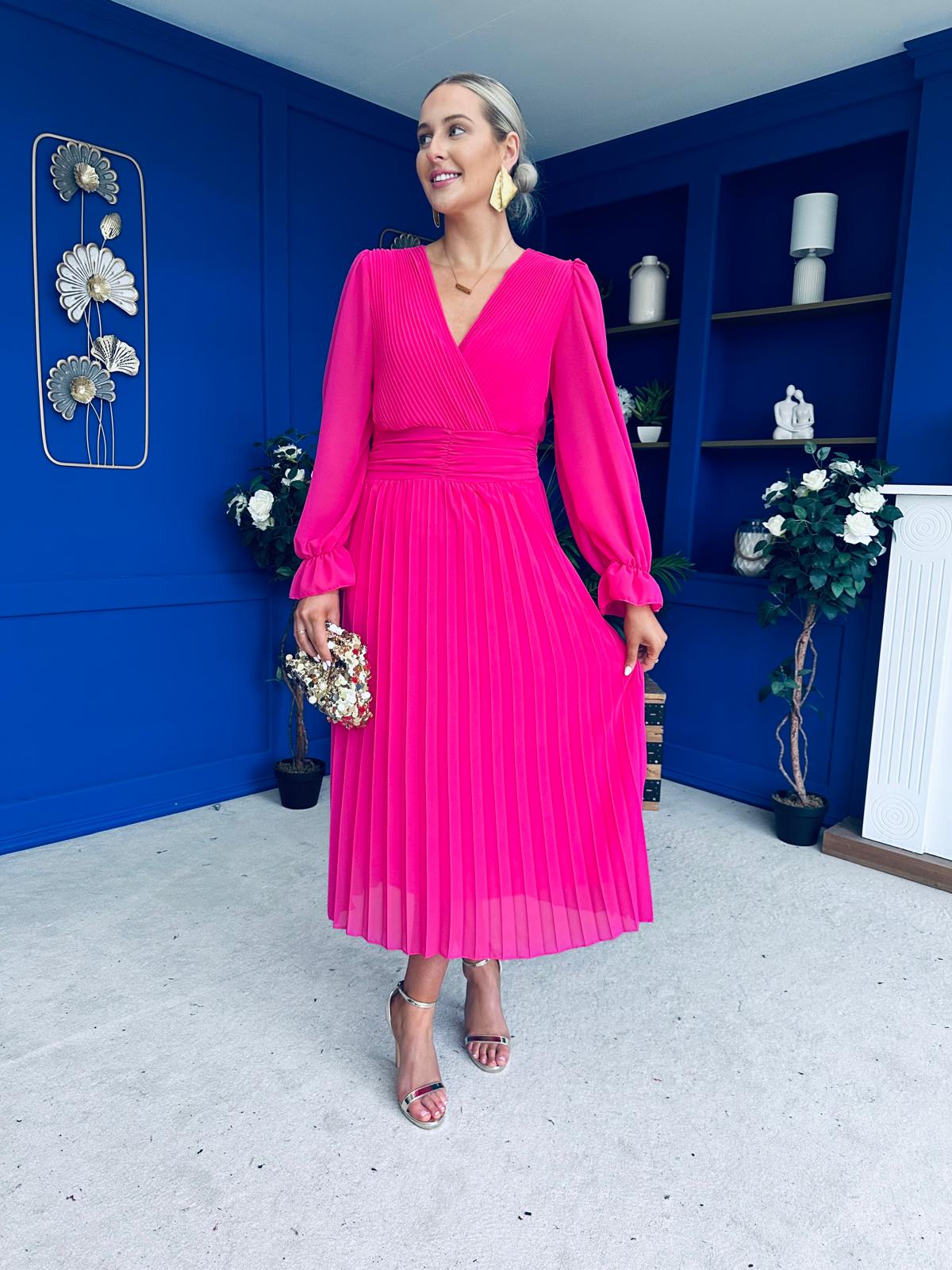 Clodagh Pleat Detailed Midi Dress Fuchsia