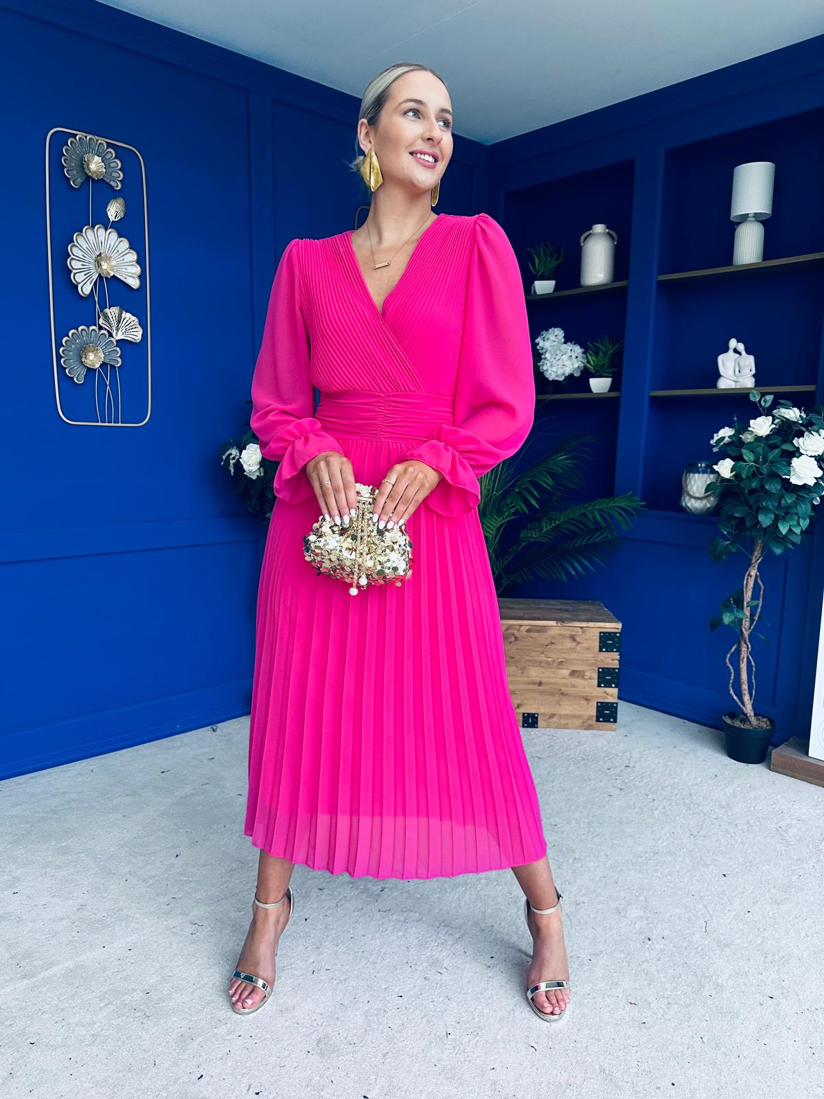 Clodagh Pleat Detailed Midi Dress Fuchsia