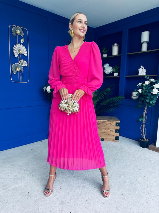 Clodagh Pleat Detailed Midi Dress Fuchsia