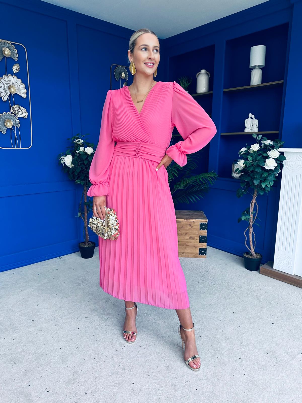 Clodagh Pleat Detailed Midi Dress Pink