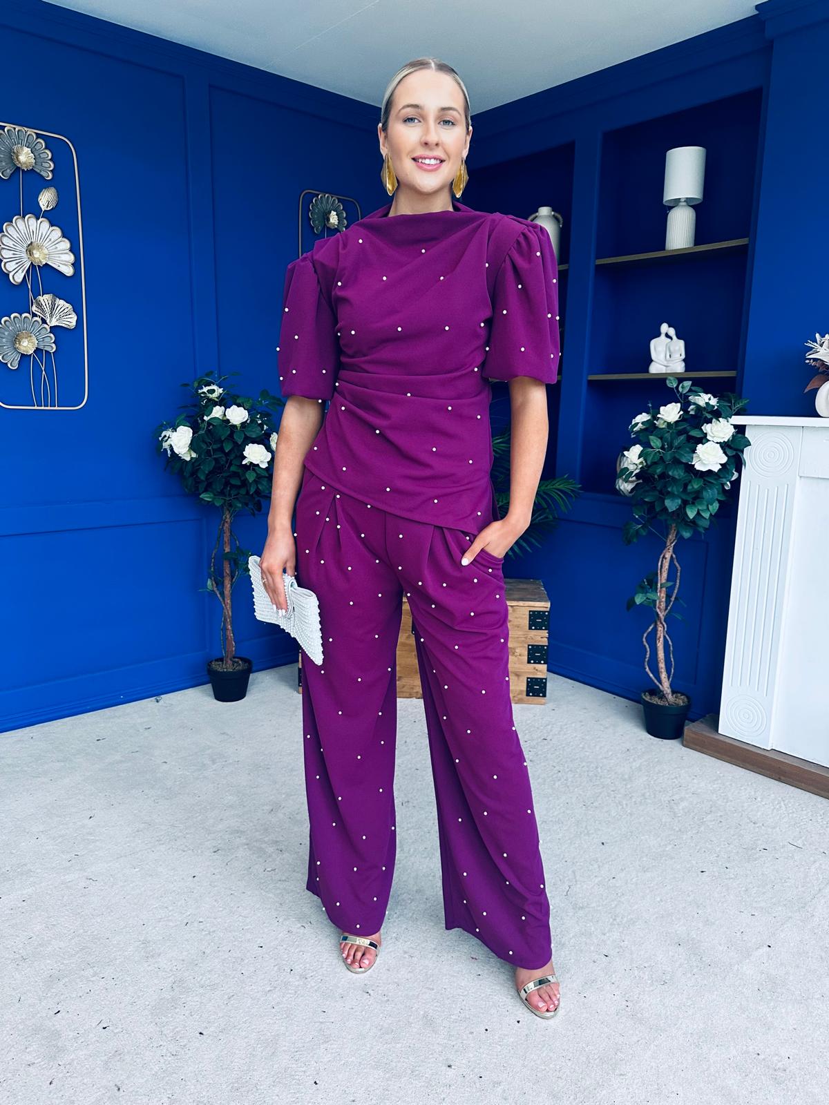 Cliona Pearl Detail Top And Trouser Set Plum