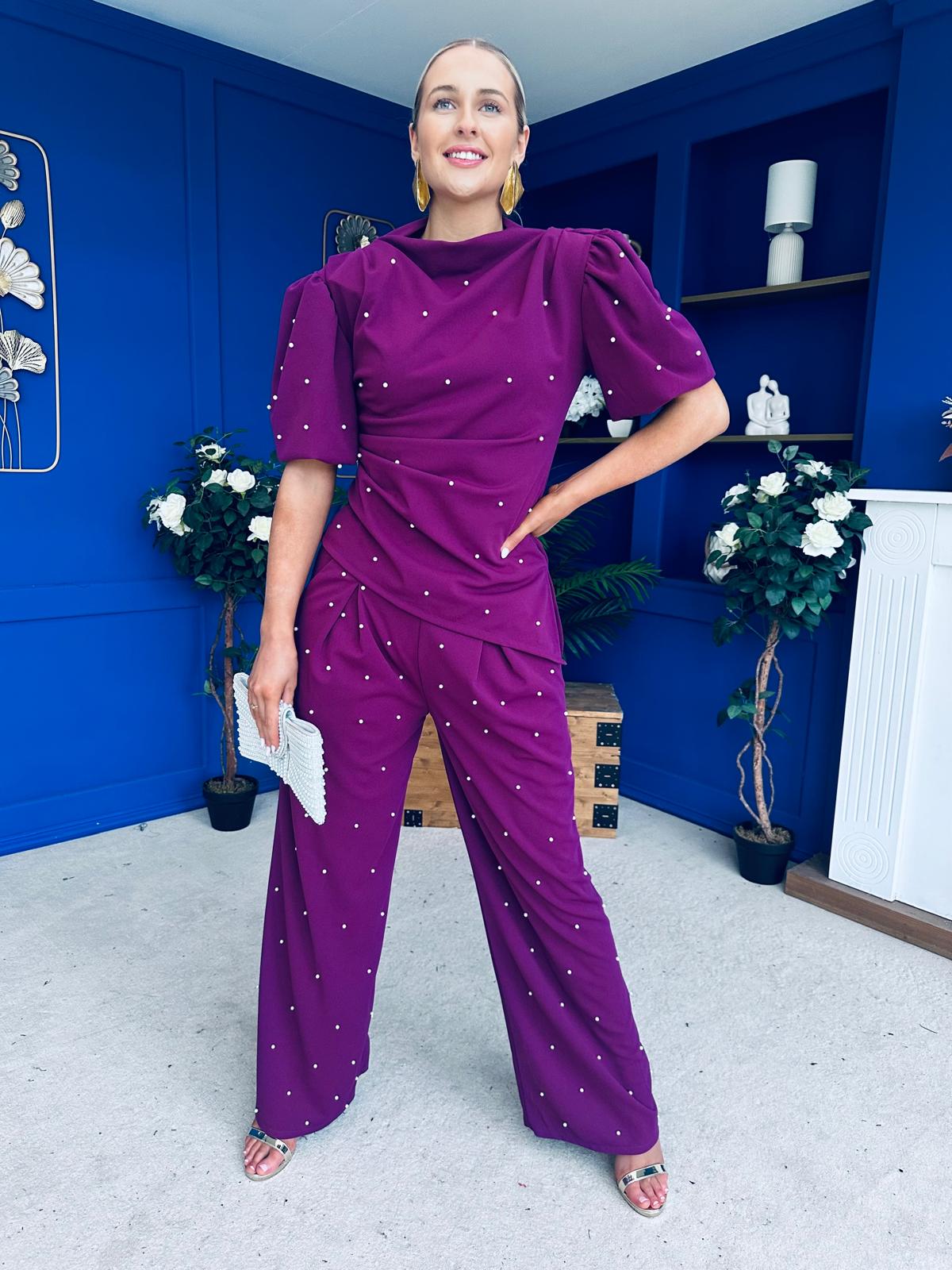 Cliona Pearl Detail Top And Trouser Set Plum