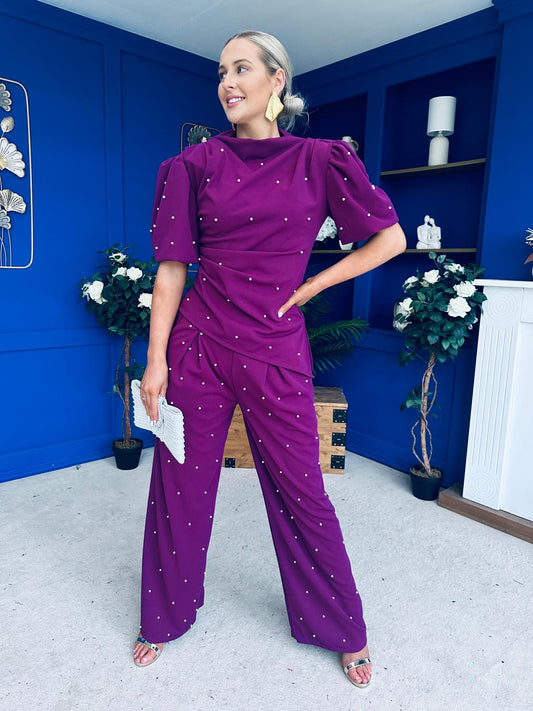 Cliona Pearl Detail Top And Trouser Set Plum