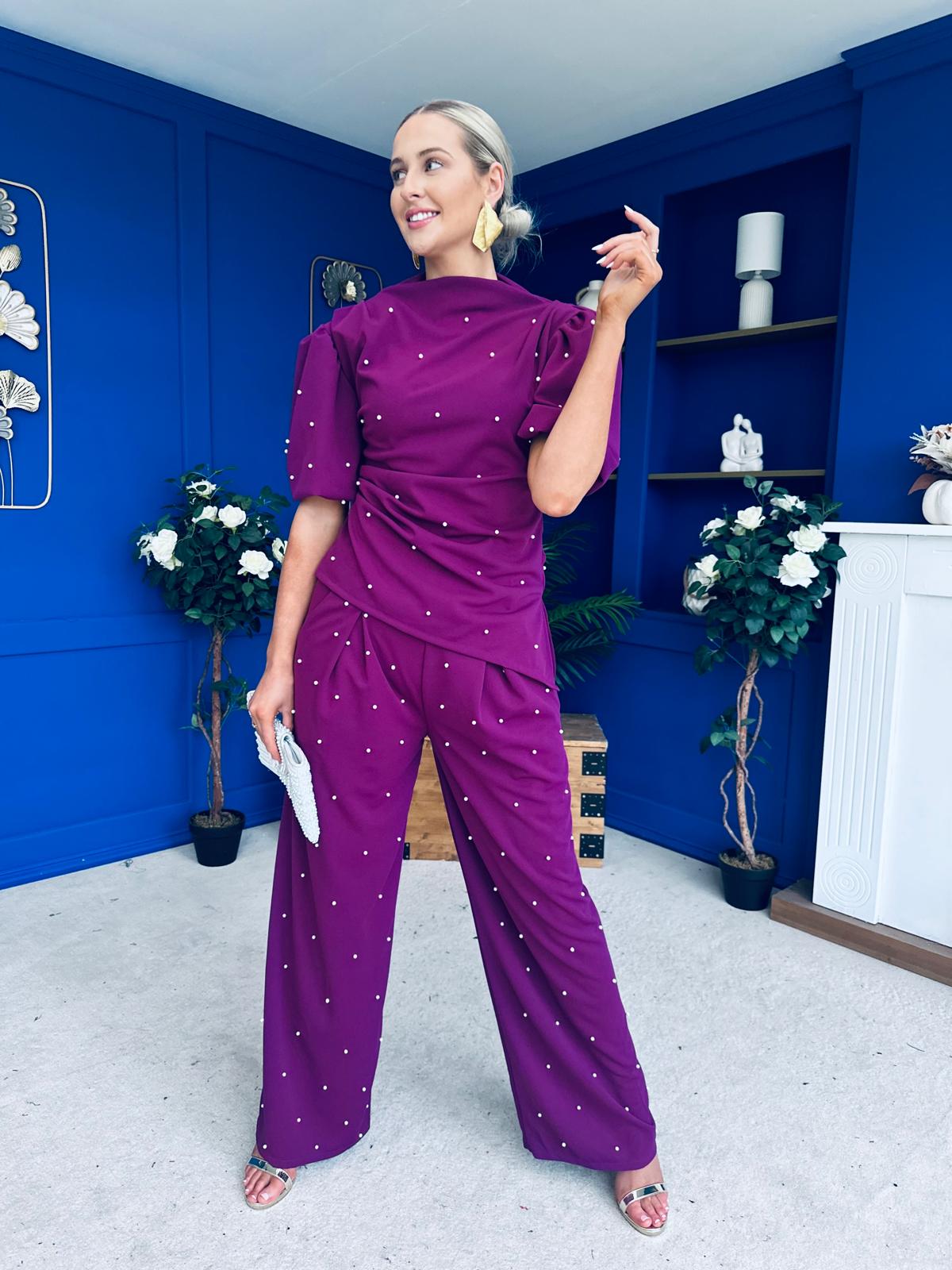 Cliona Pearl Detail Top And Trouser Set Plum