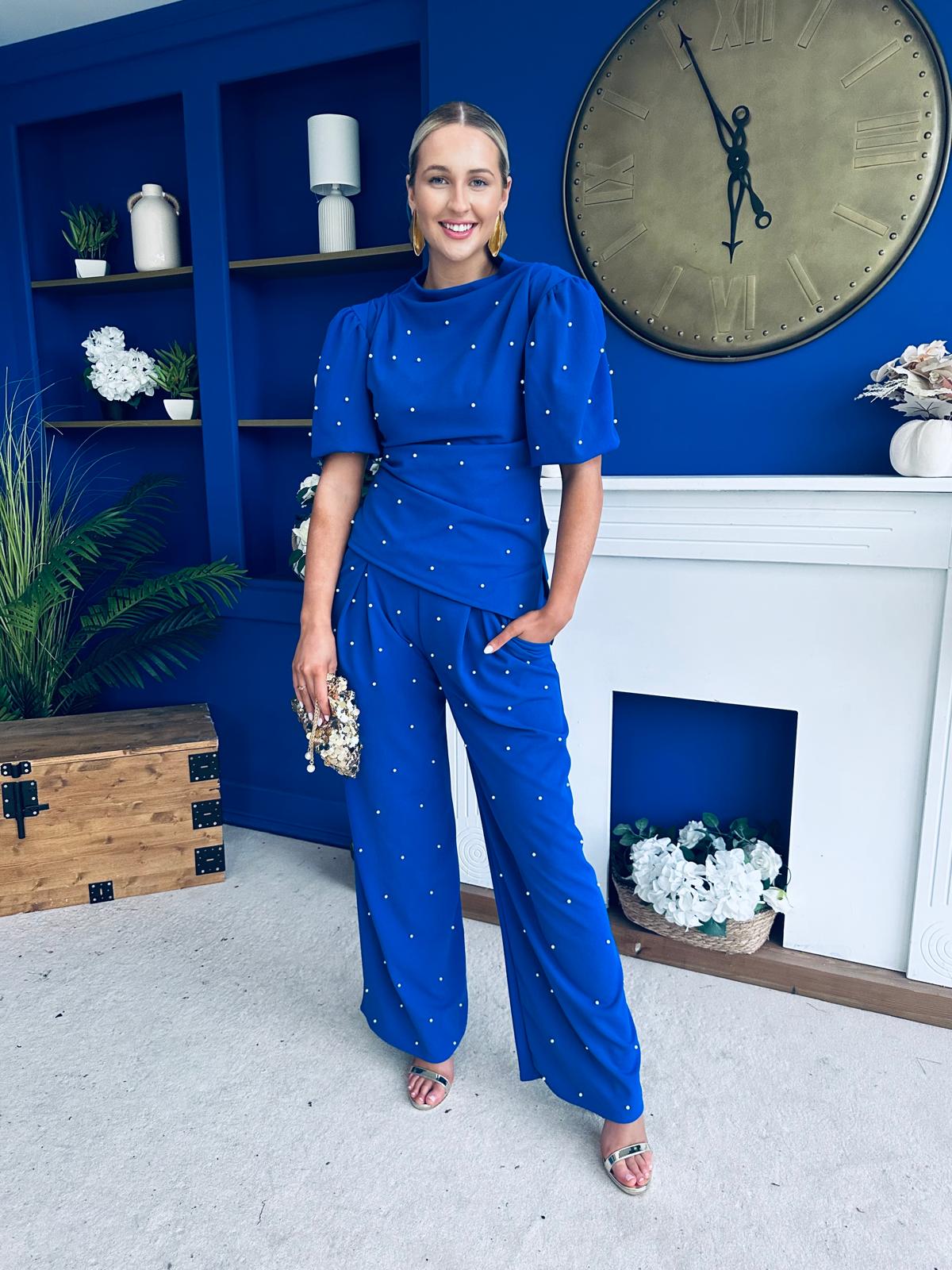 Cliona Pearl Detail Top And Trouser Set Cobalt