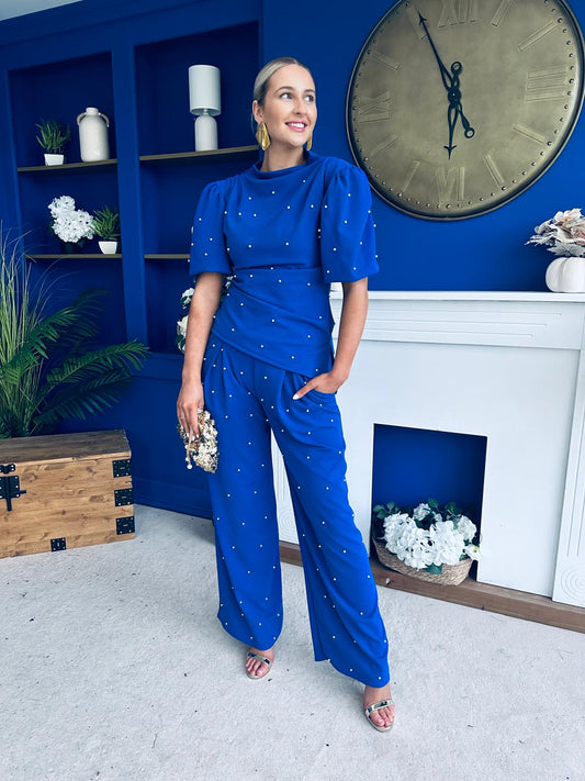Cliona Pearl Detail Top And Trouser Set Cobalt