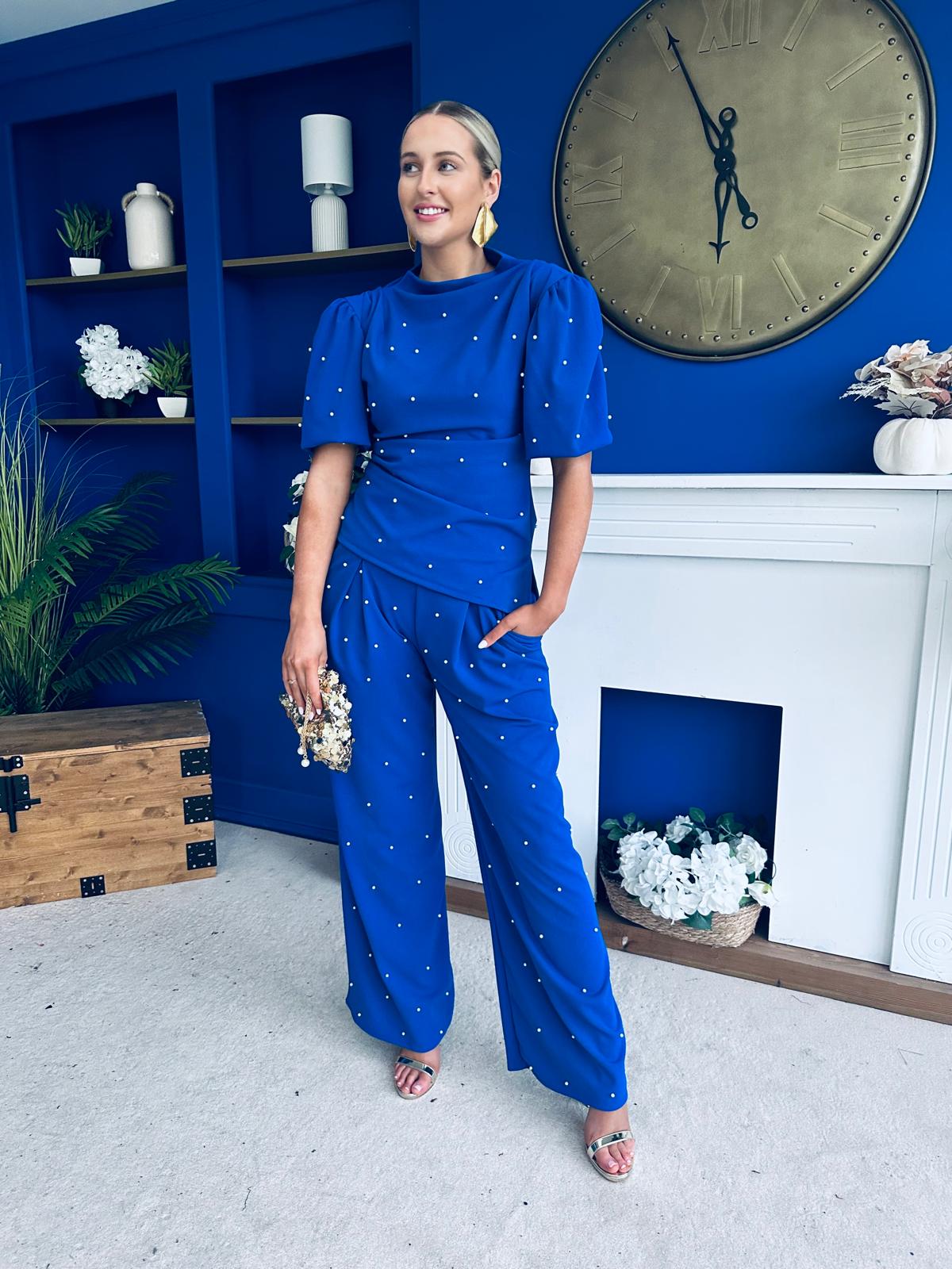 Cliona Pearl Detail Top And Trouser Set Cobalt