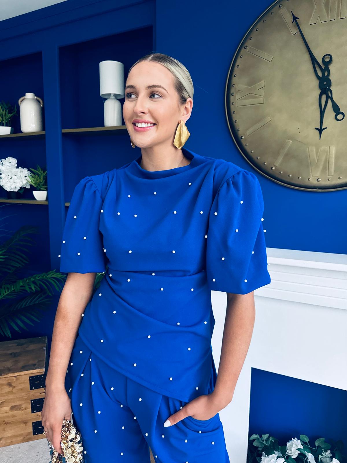 Cliona Pearl Detail Top And Trouser Set Cobalt