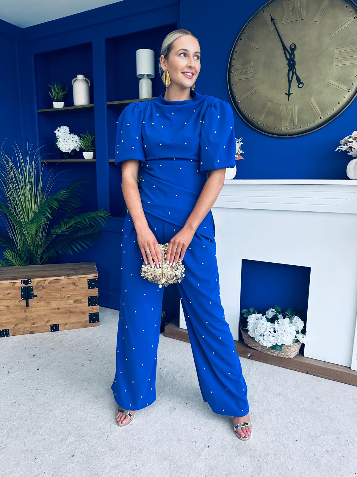 Cliona Pearl Detail Top And Trouser Set Cobalt