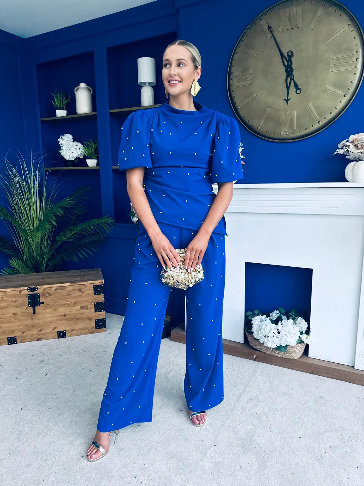 Cliona Pearl Detail Top And Trouser Set Cobalt