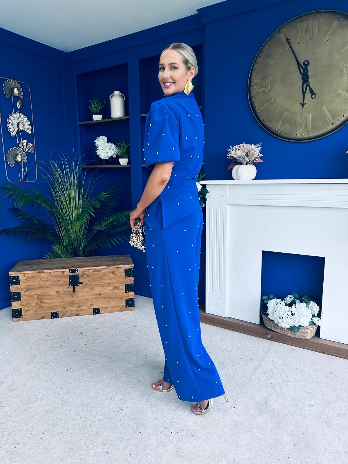 Cliona Pearl Detail Top And Trouser Set Cobalt