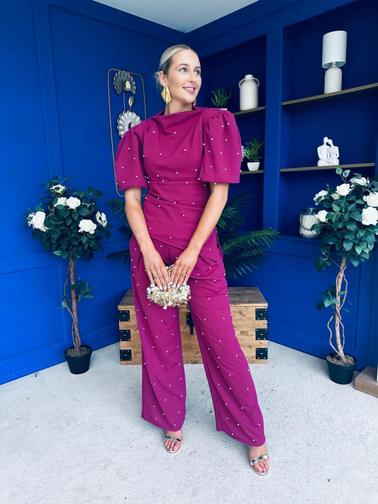 Cliona Pearl Detail Top And Trouser Set Berry