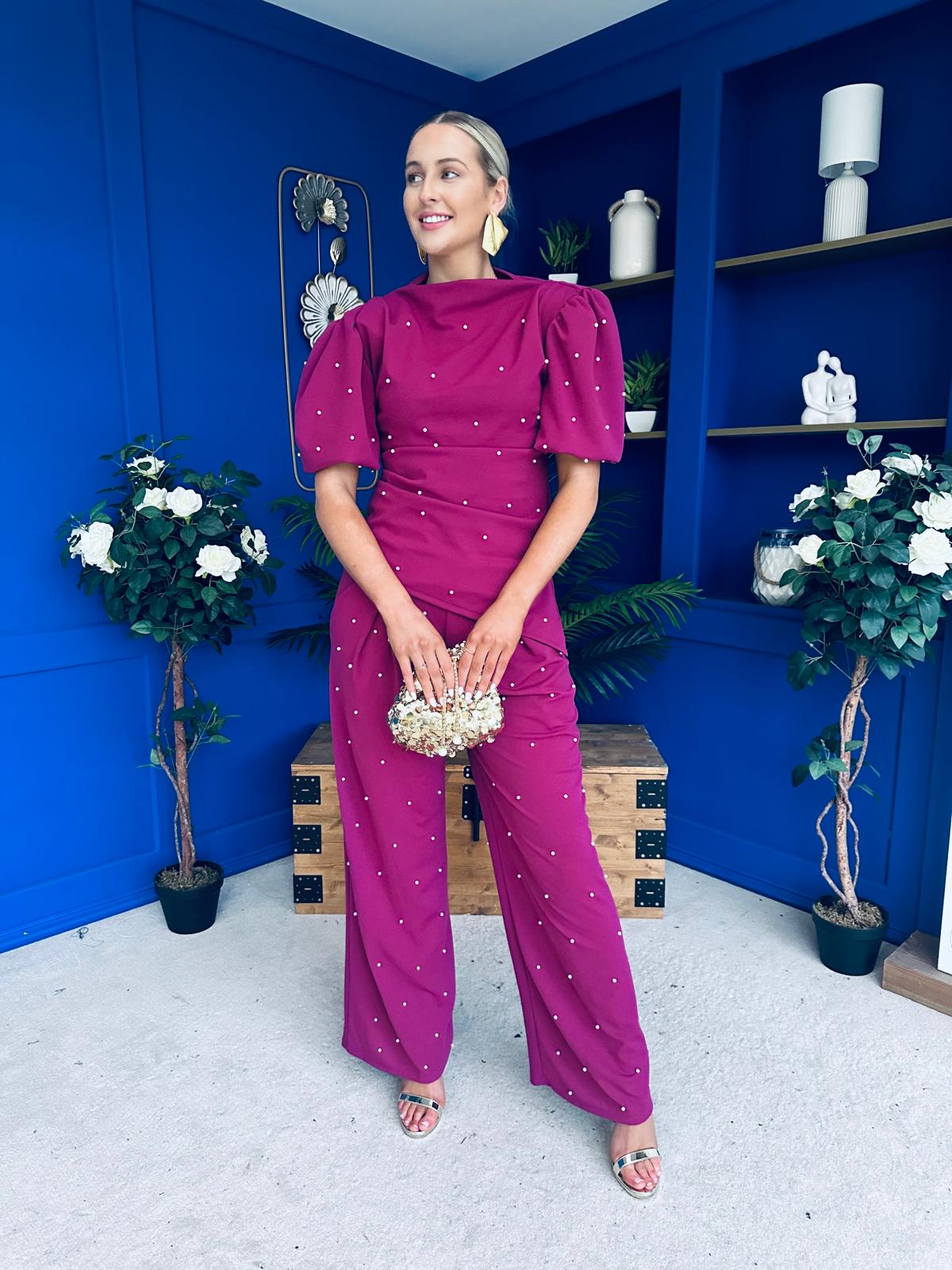 Cliona Pearl Detail Top And Trouser Set Berry