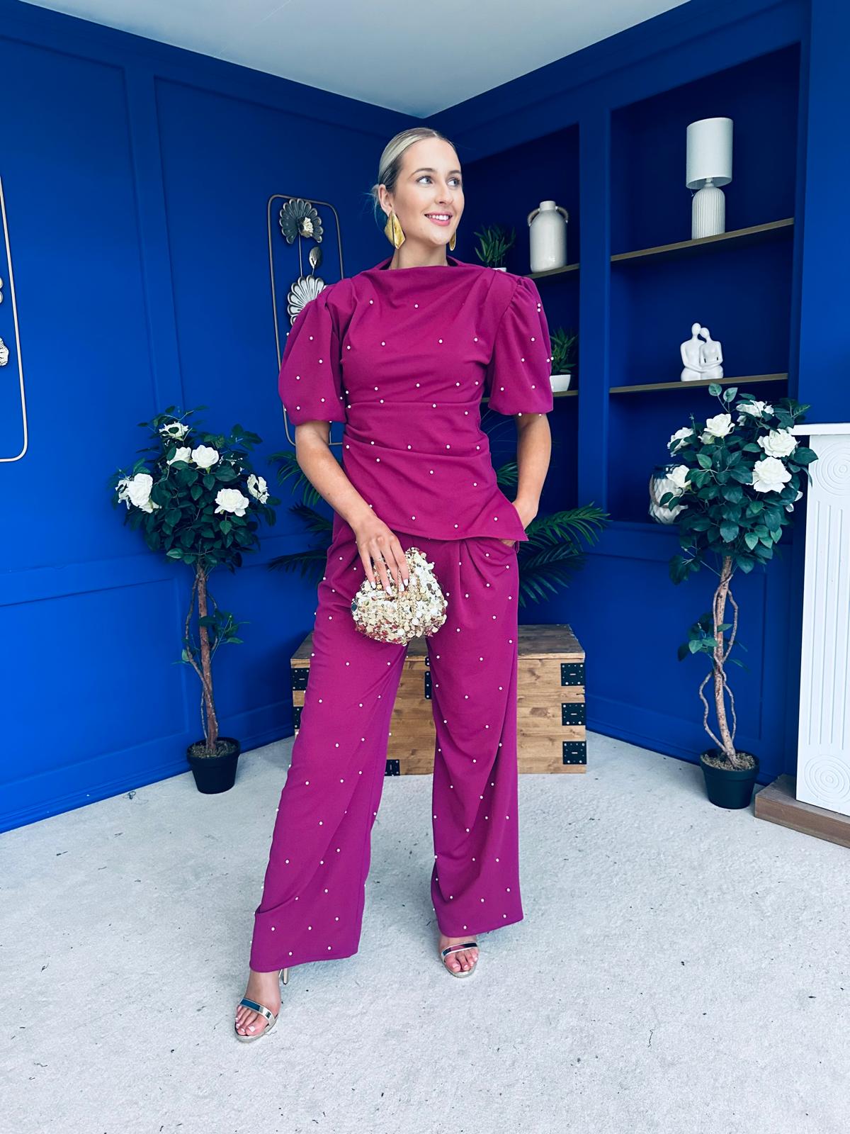Cliona Pearl Detail Top And Trouser Set Berry