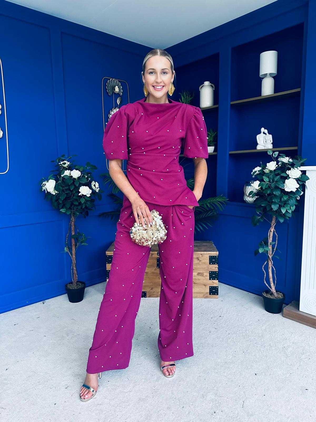 Cliona Pearl Detail Top And Trouser Set Berry