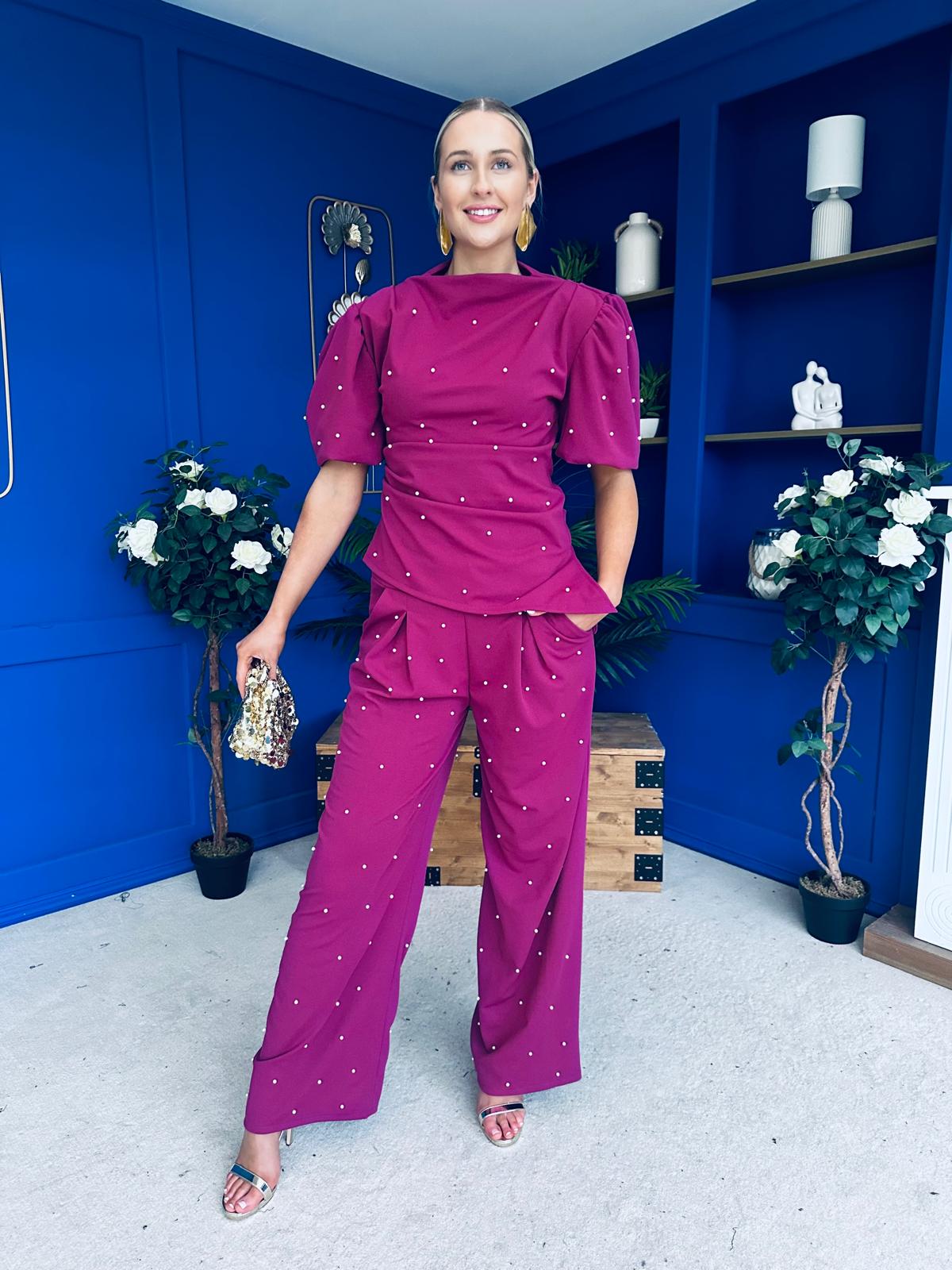 Cliona Pearl Detail Top And Trouser Set Berry