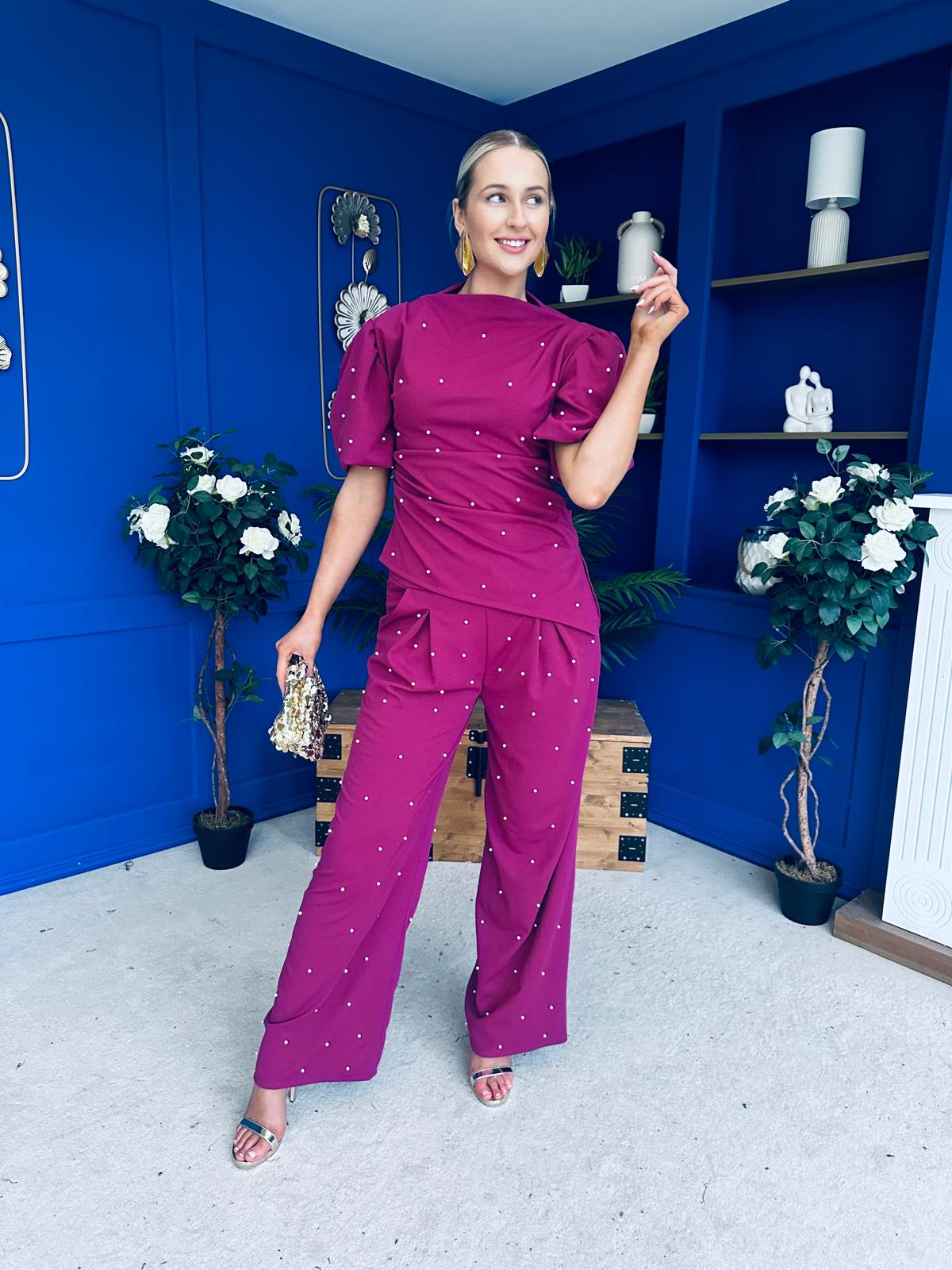 Cliona Pearl Detail Top And Trouser Set Berry