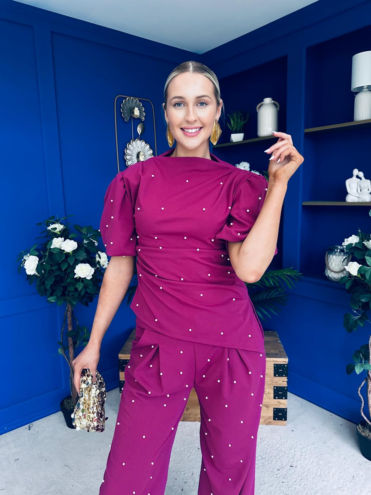 Cliona Pearl Detail Top And Trouser Set Berry