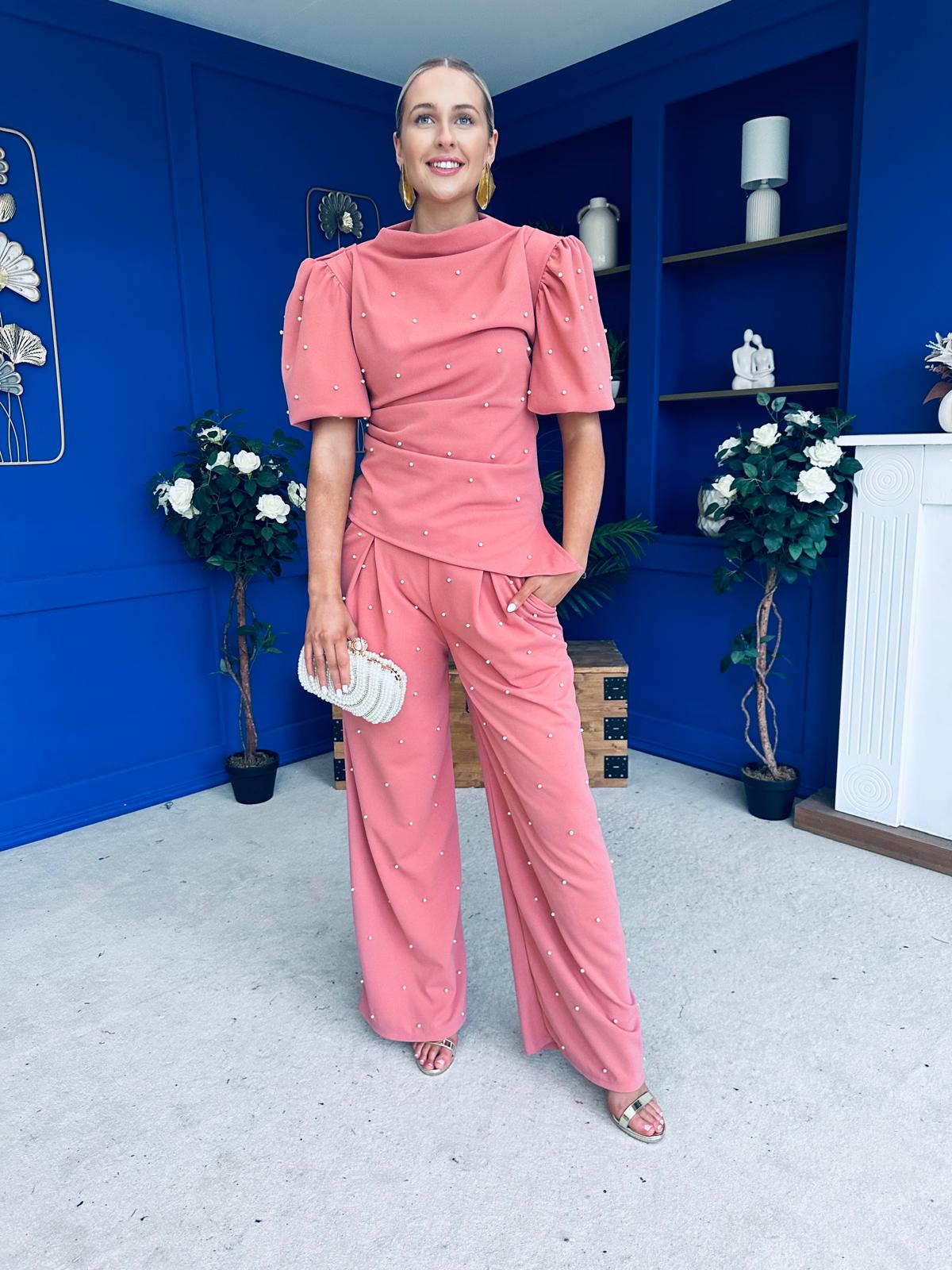 Cliona Pearl Detail Top And Trouser Set Coral