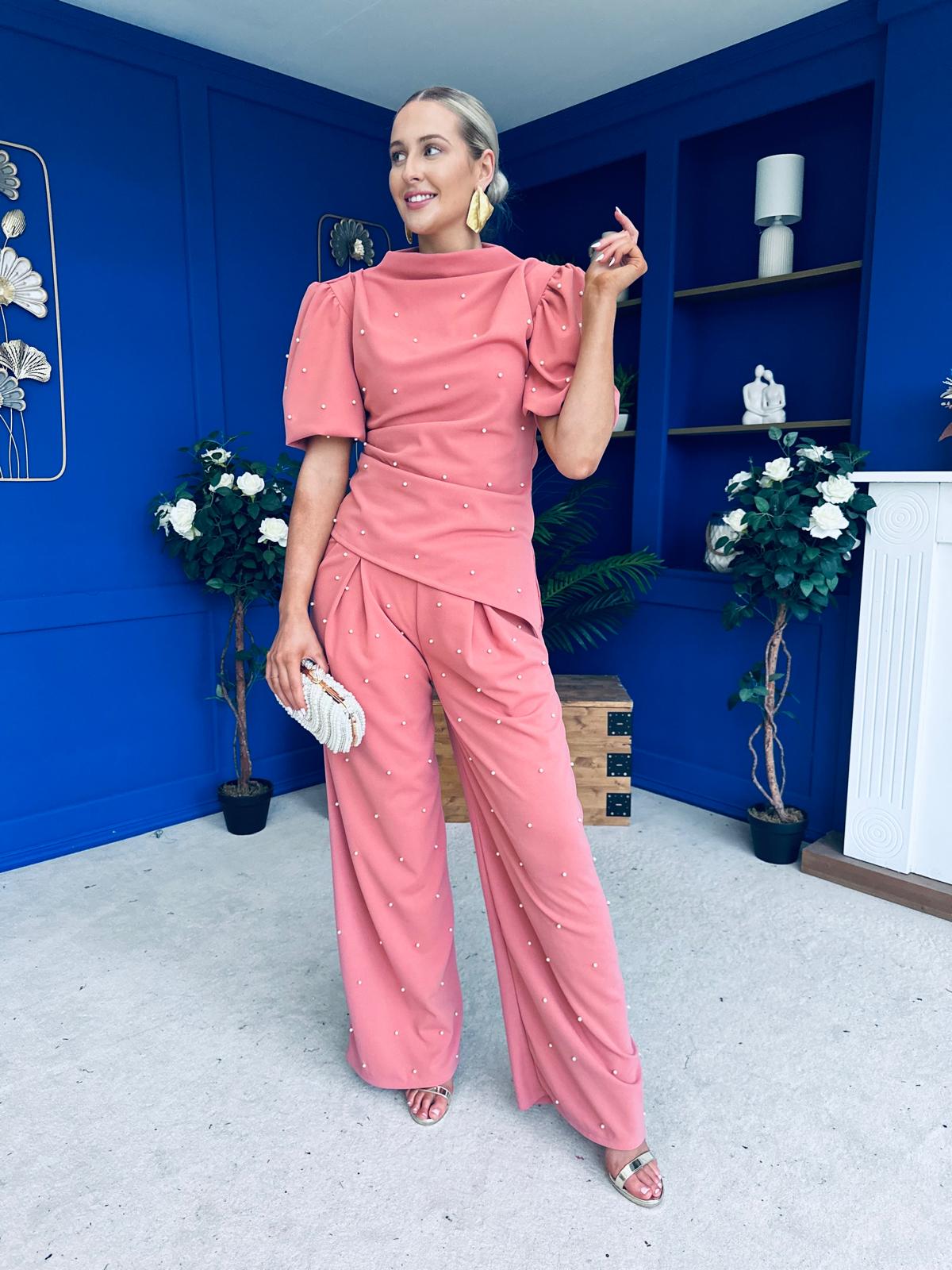 Cliona Pearl Detail Top And Trouser Set Coral