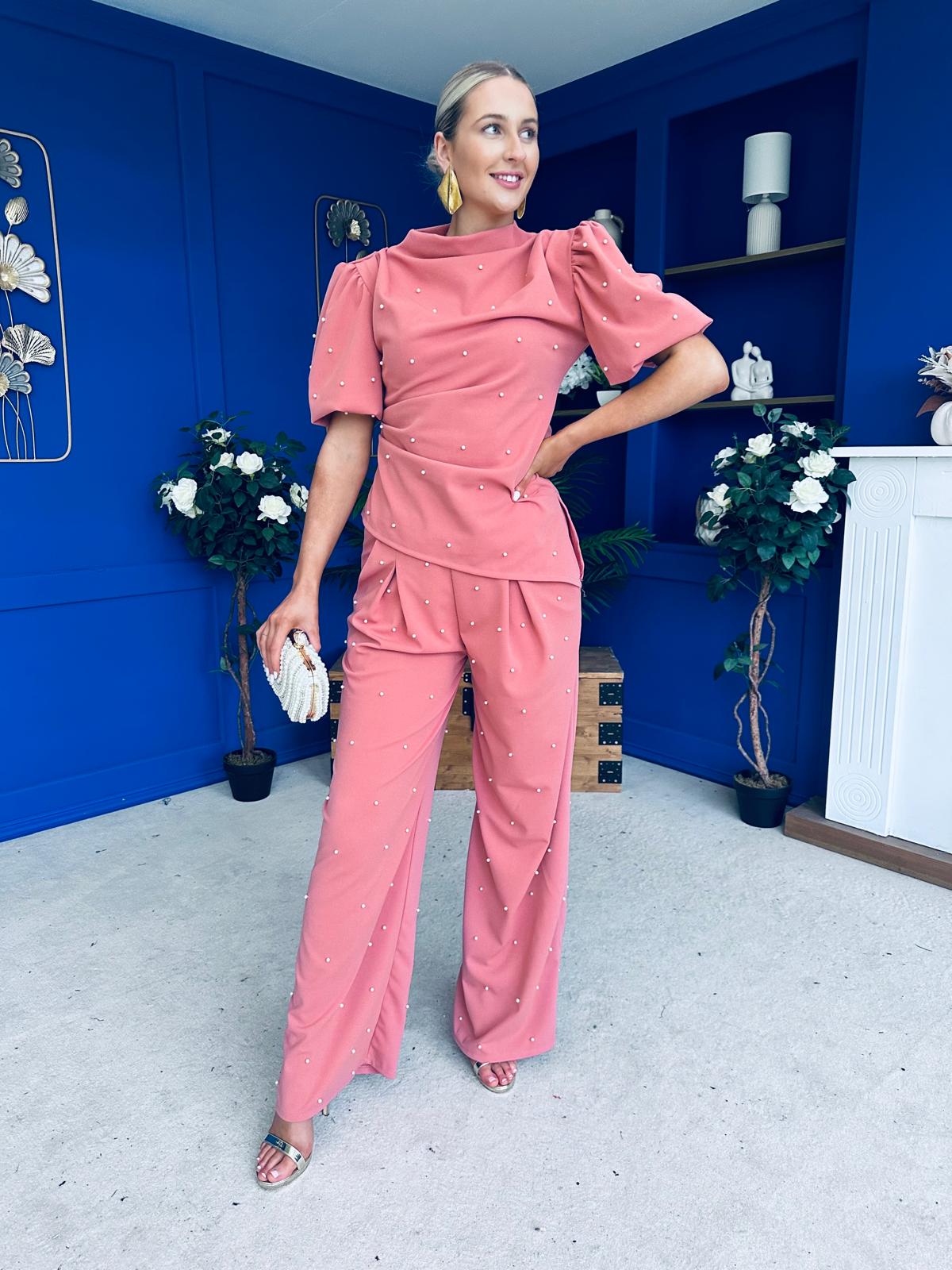 Cliona Pearl Detail Top And Trouser Set Coral