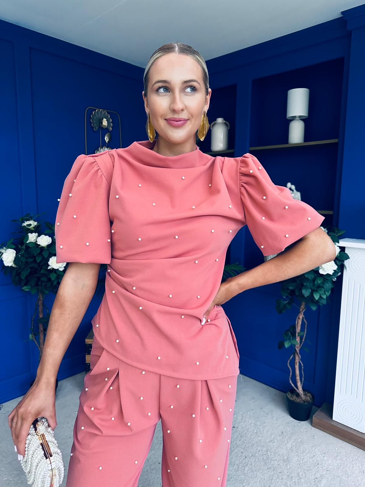 Cliona Pearl Detail Top And Trouser Set Coral