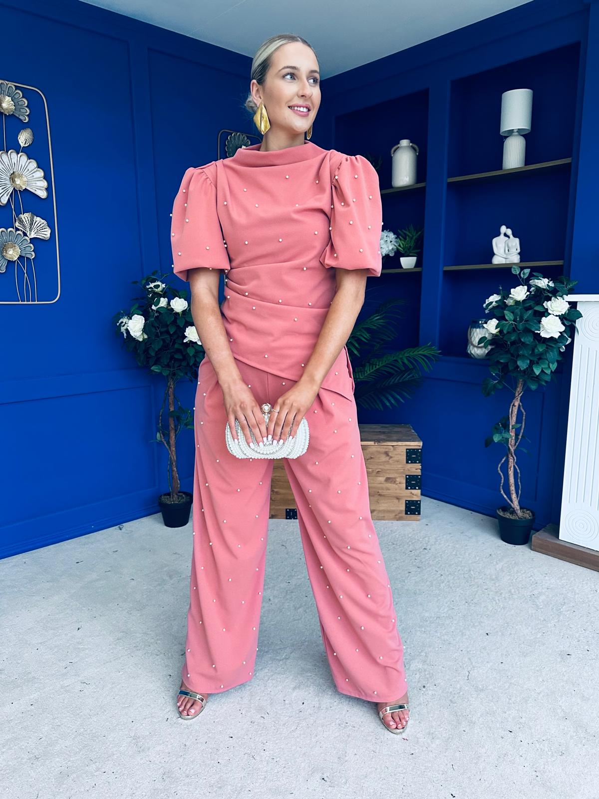 Cliona Pearl Detail Top And Trouser Set Coral