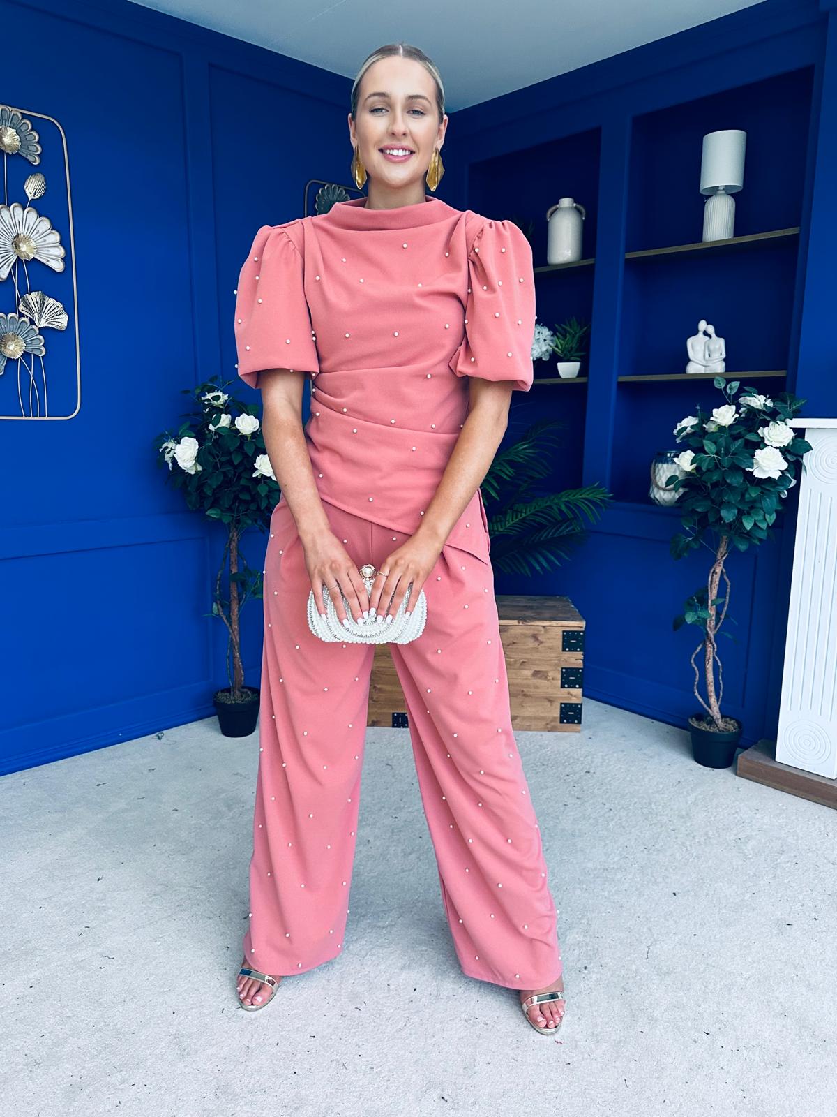 Cliona Pearl Detail Top And Trouser Set Coral