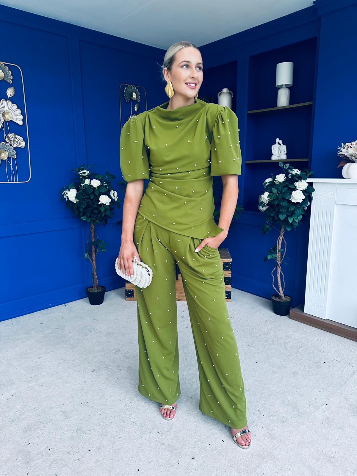 Cliona Pearl Detail Top And Trouser Set Olive