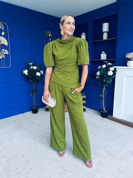 Cliona Pearl Detail Top And Trouser Set Olive